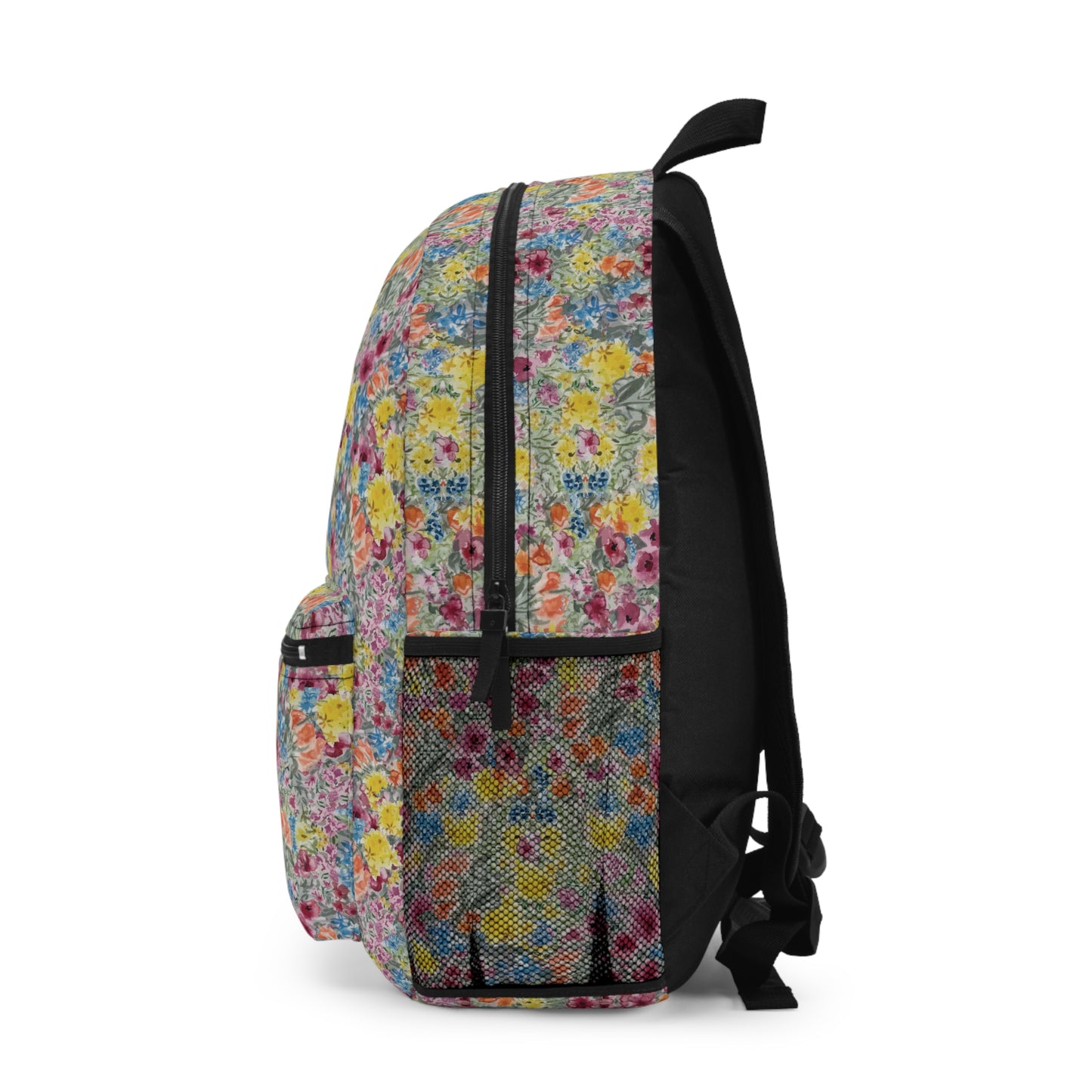 Backpack with a colorful floral pattern side view on a white background