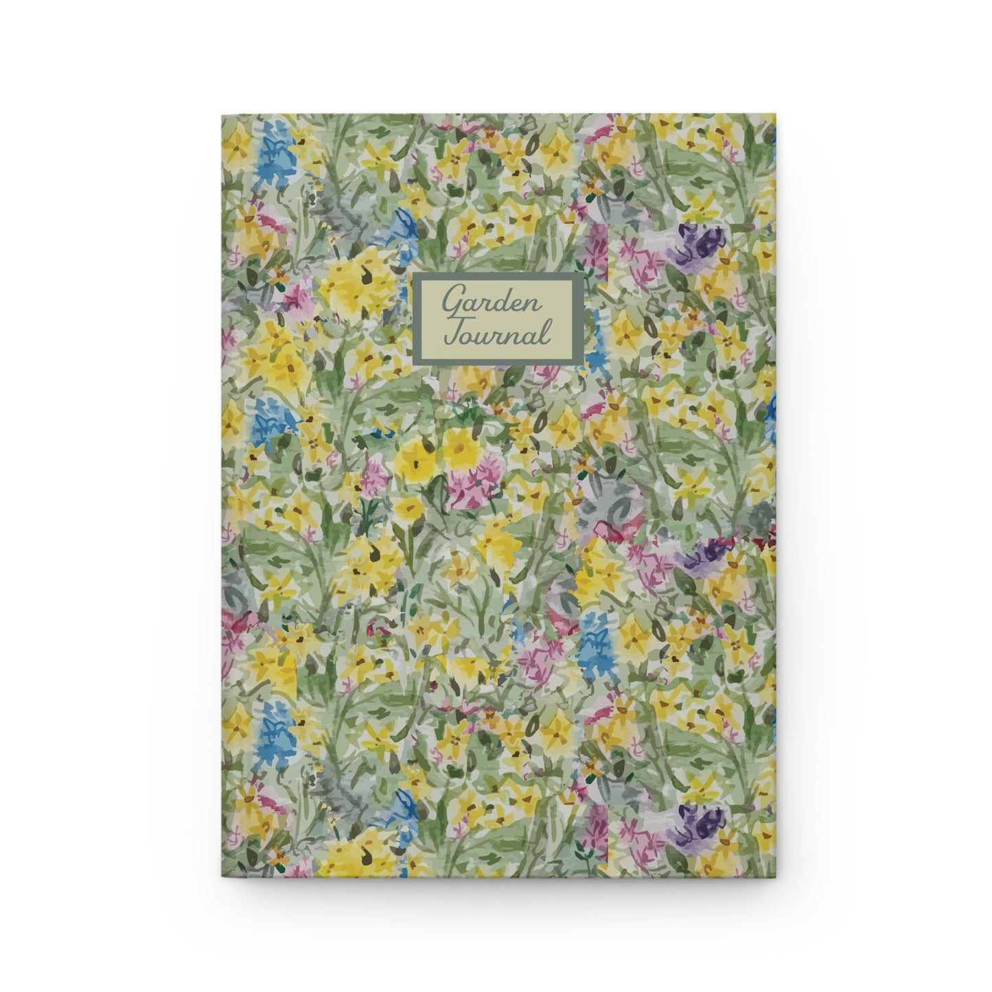 Floral Fields garden journal with watercolor wildflower pattern in green yellow and pink tones matte hardcover notebook
