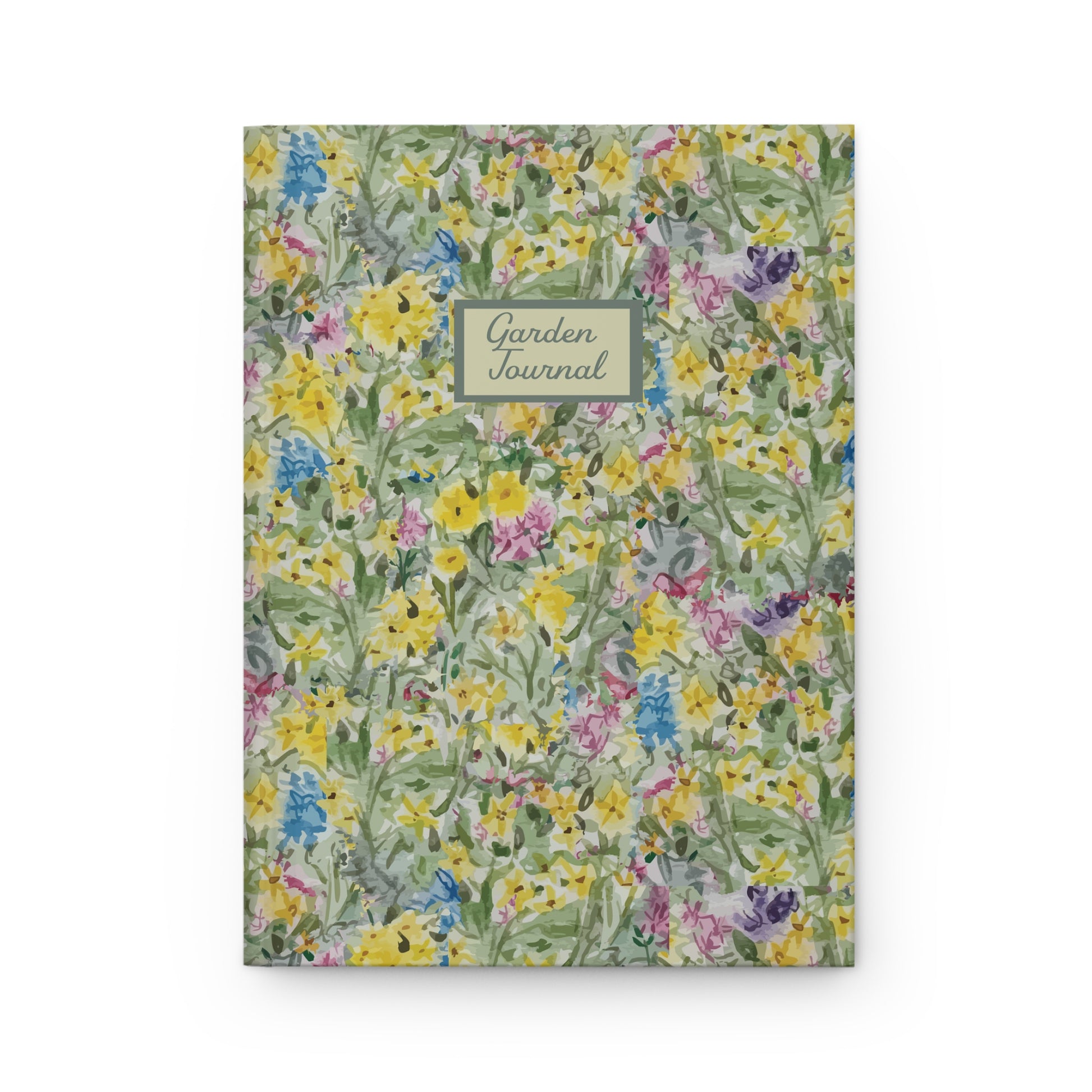 Floral Fields garden journal with watercolor wildflower pattern in green yellow and pink tones matte hardcover notebook

