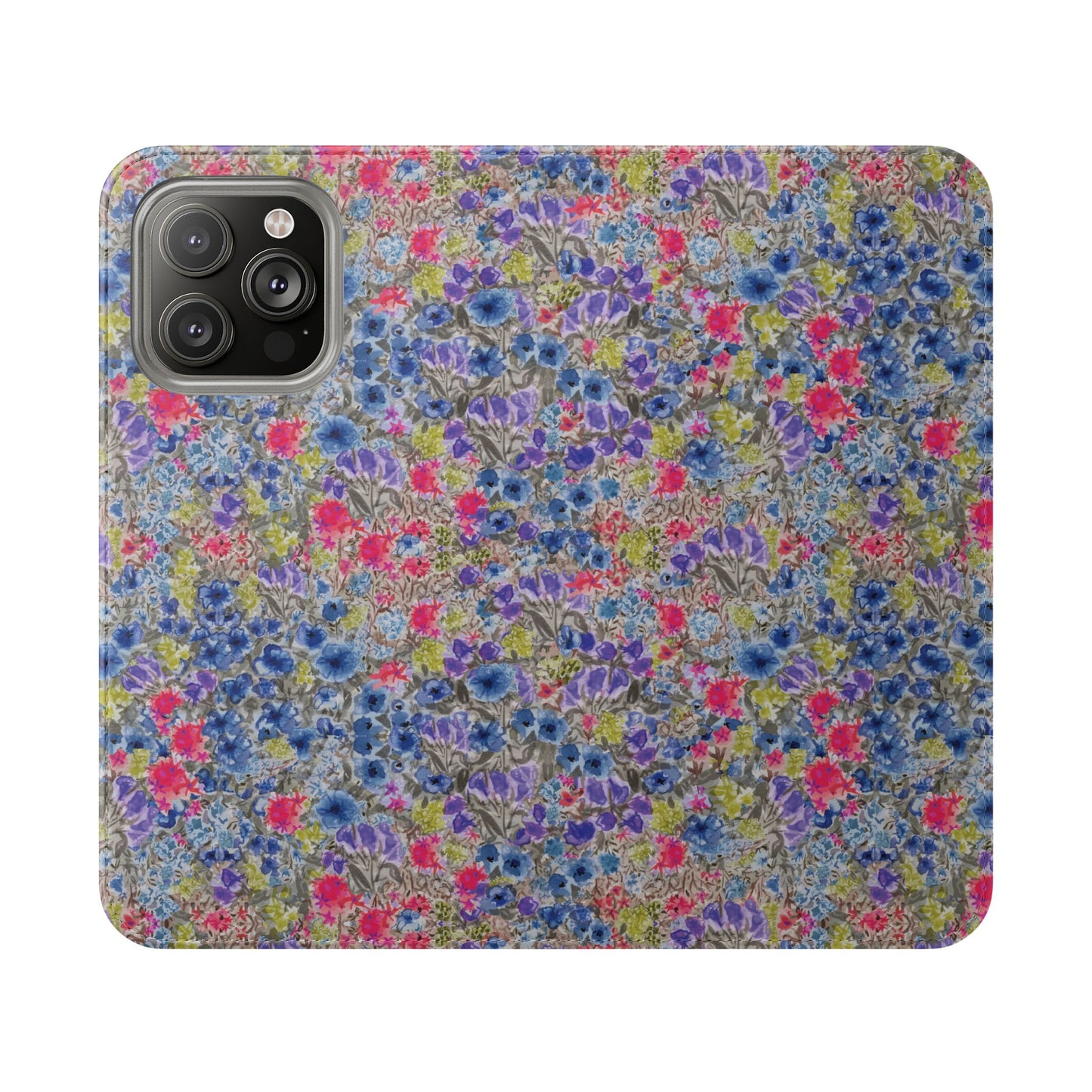 Blue watercolor wildflower wallet phone case featuring vibrant floral meadow artwork with pink and purple blossoms.