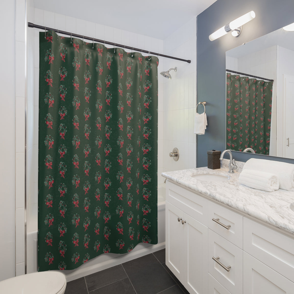Evergreen Wreath Christmas Shower Curtain – Dark Green — in a bathroom