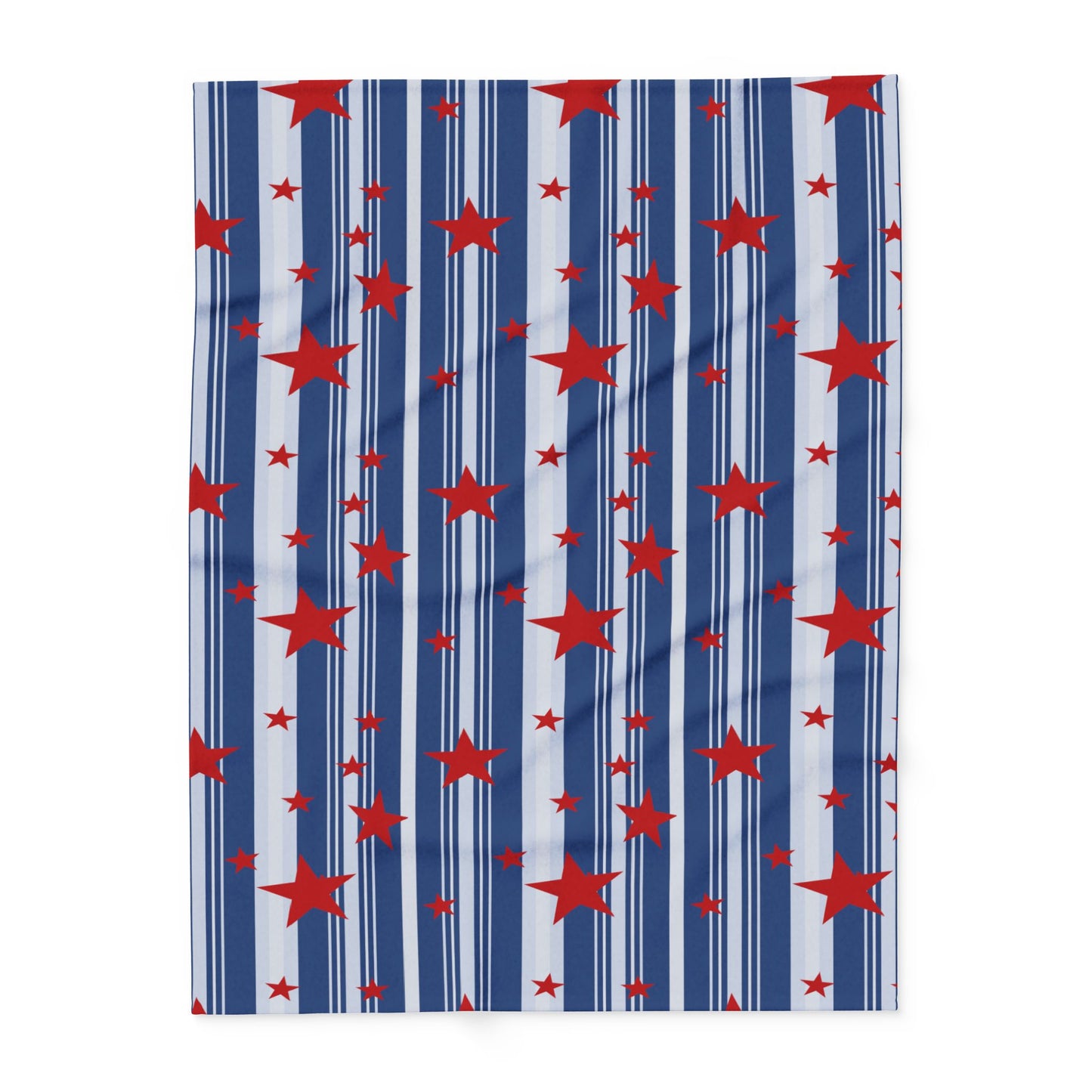 Fleece blanket with red star and blue striped pattern on a white background