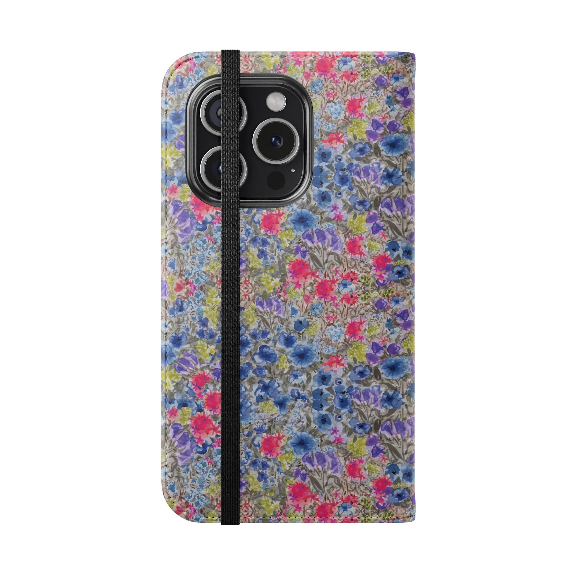 Blue wildflower floral flip phone case with watercolor botanical pattern.