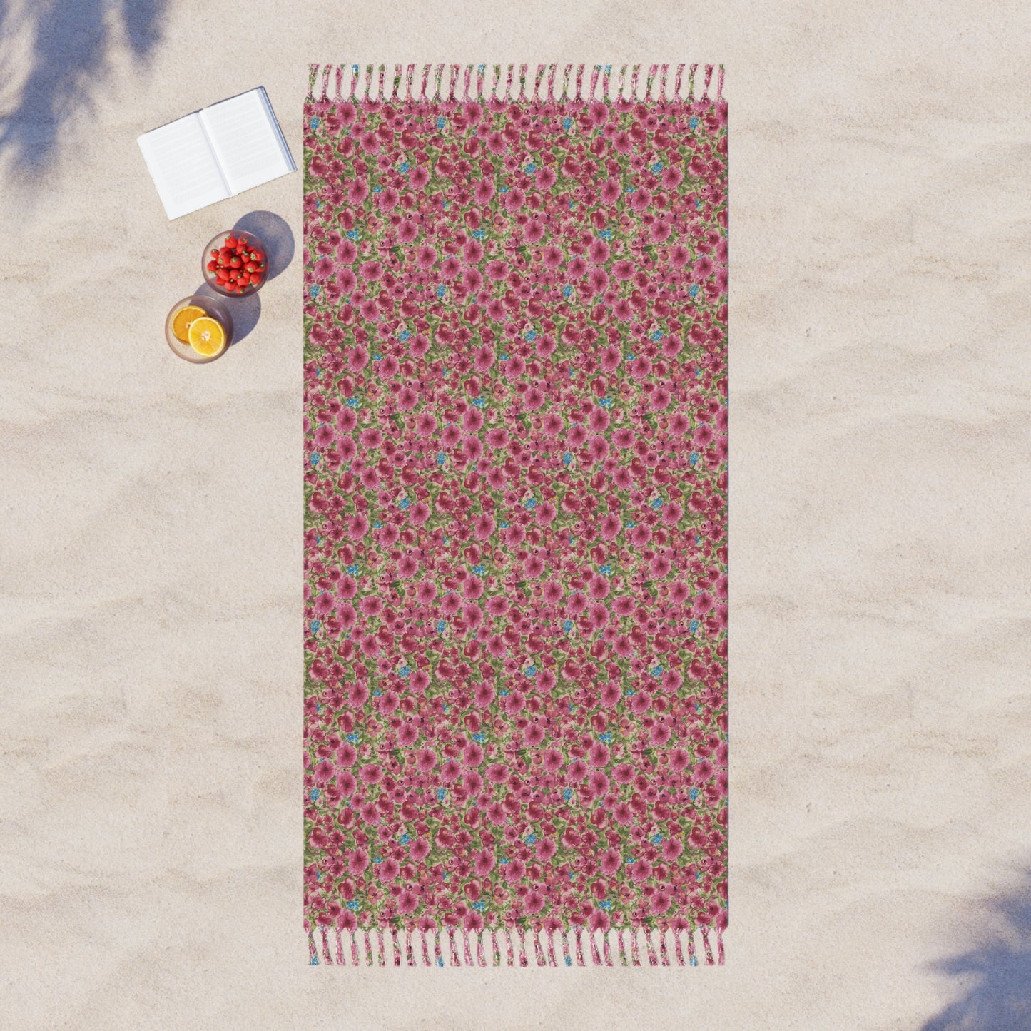 Pink watercolor poppies floral beach towel featuring a vibrant cottage garden botanical pattern draped over a beach l
