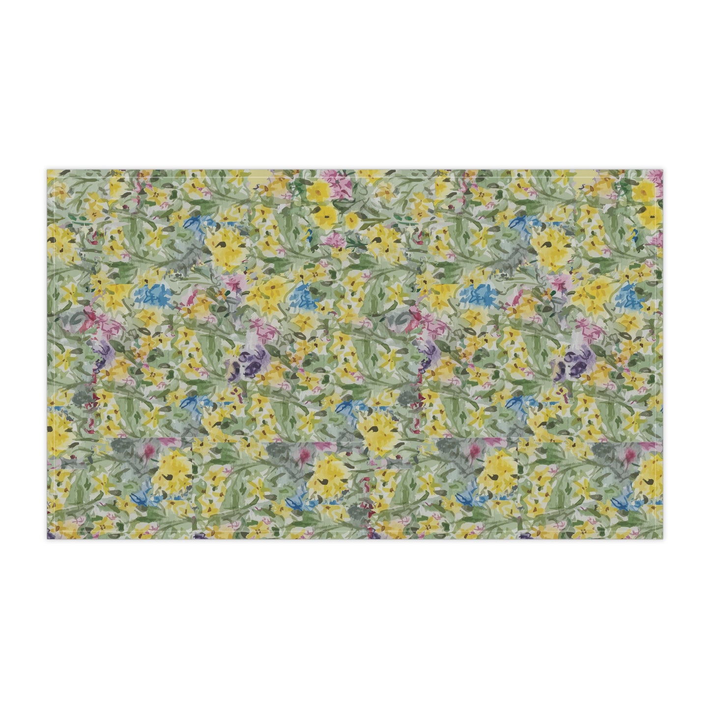 Watercolor wildflower tea towel featuring yellow, blue, and pink floral meadow pattern 