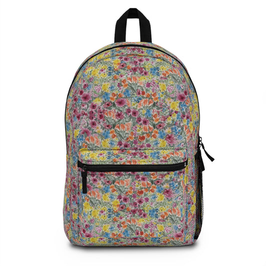 Floral-patterned backpack on a white background