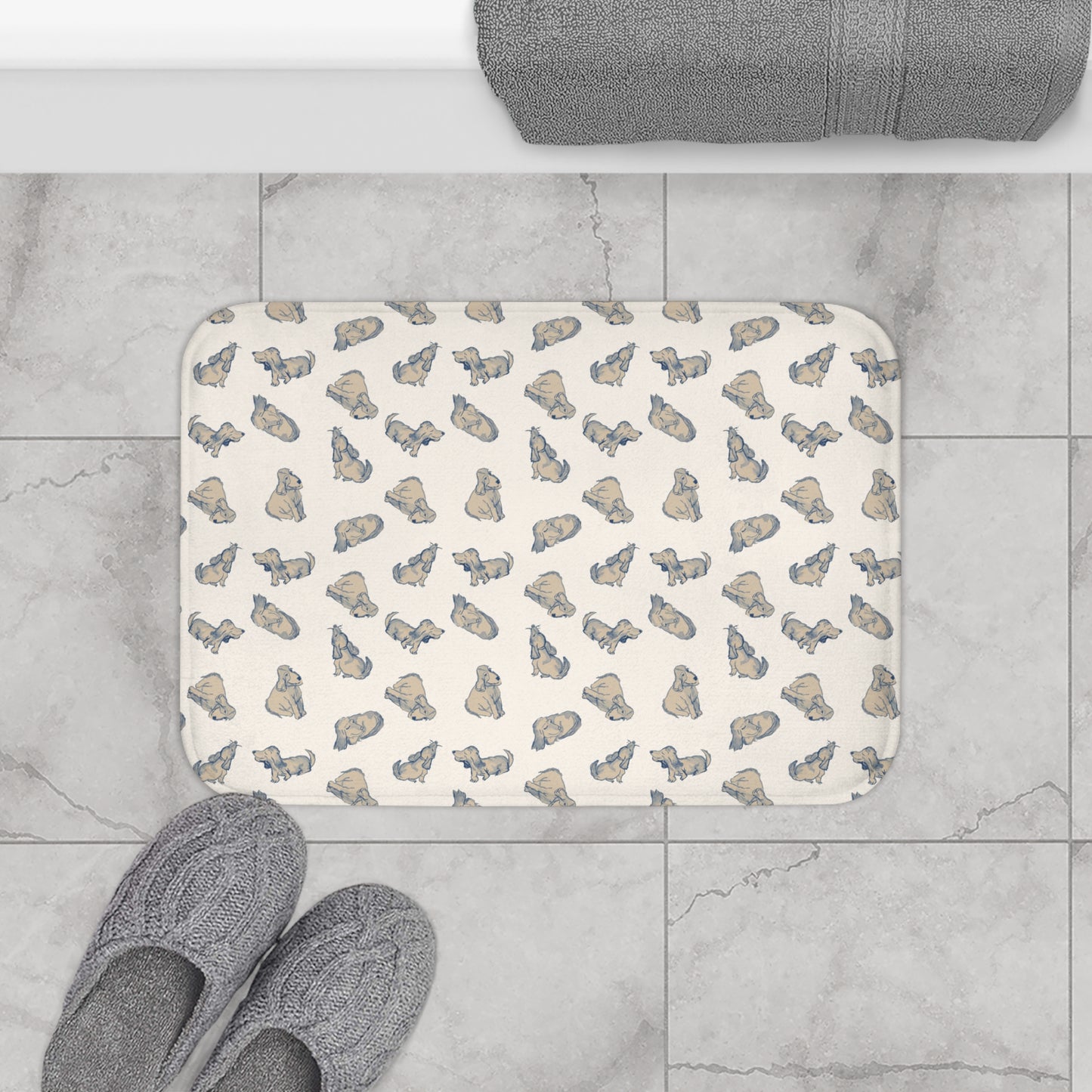 Blue Dog Bath Mat, Cream Puppy Bathroom Rug, Cute Dog Lover Decor, Neutral Pet Pattern Rug, Cozy Bathroom Accent, Animal Print Bath Mat
