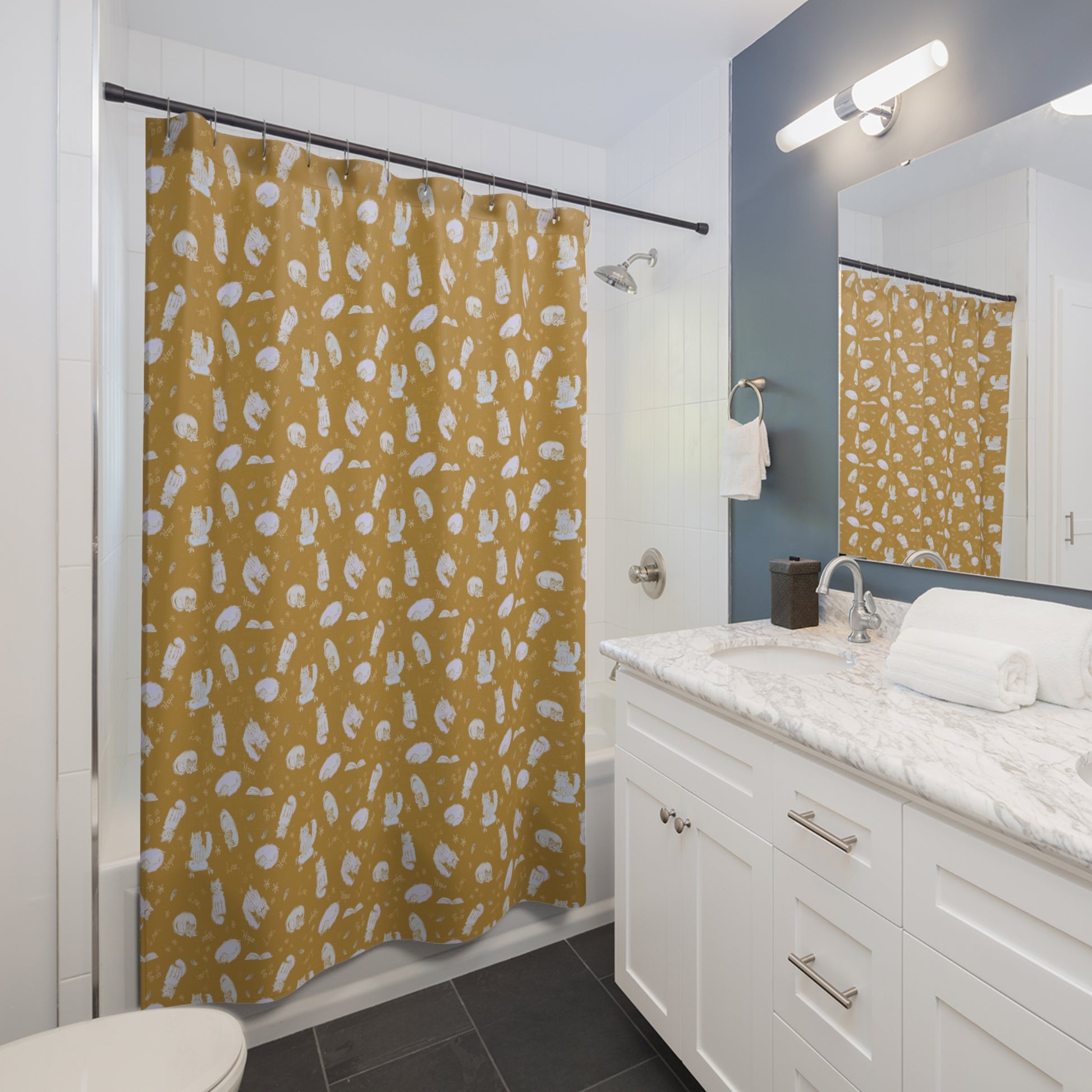 Mustard yellow cat-themed shower curtain featuring a cozy repeating pattern of sleeping and fluffy cats, books, stars, leaves, and handwritten details in soft white on a warm golden background, perfect for cozy cat lover bathroom décor.