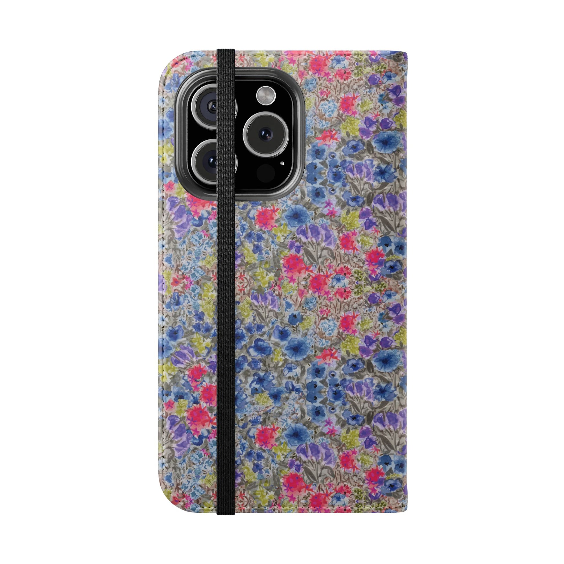 Blue wildflower floral flip phone case with watercolor botanical pattern.