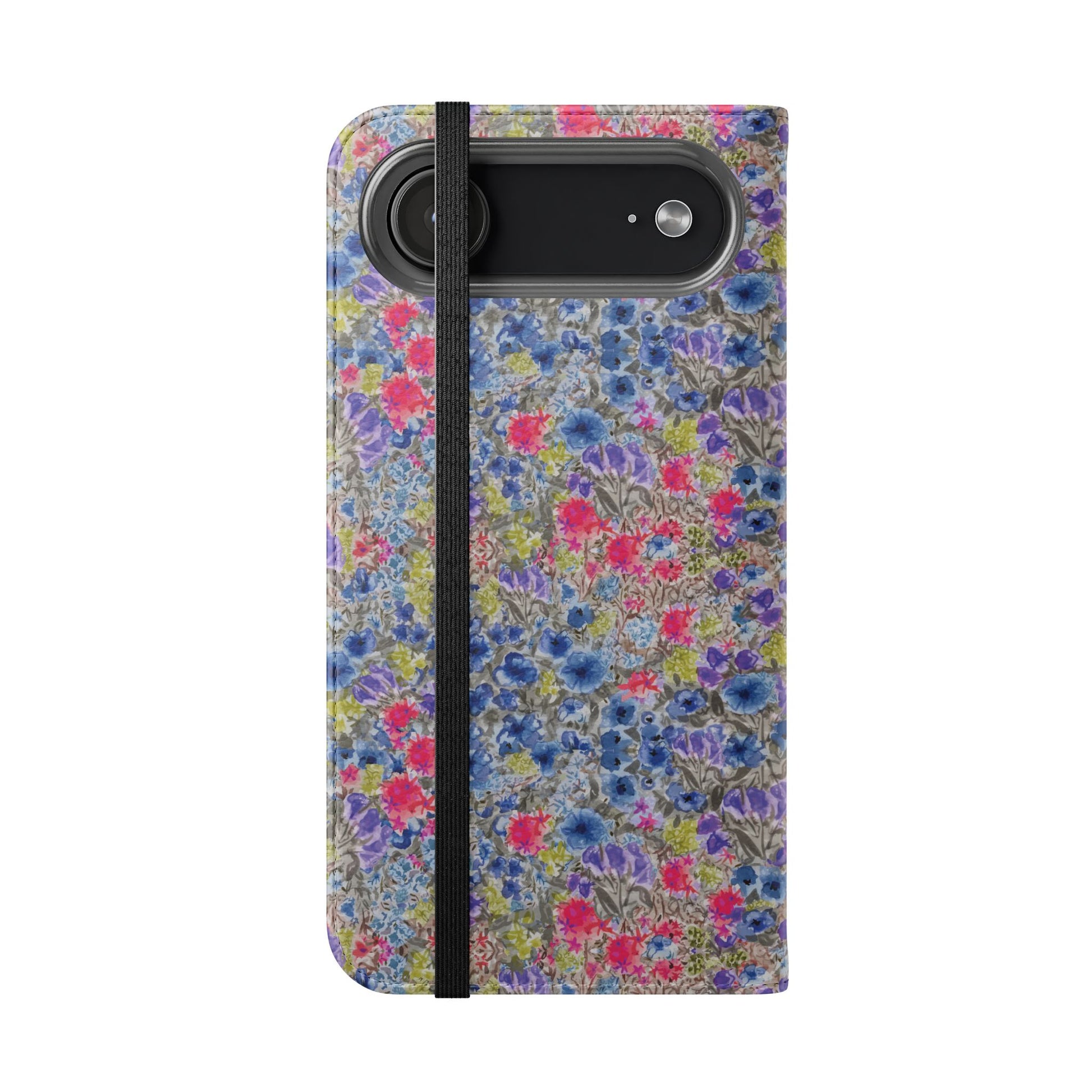 Blue wildflower floral flip phone case with watercolor botanical pattern.