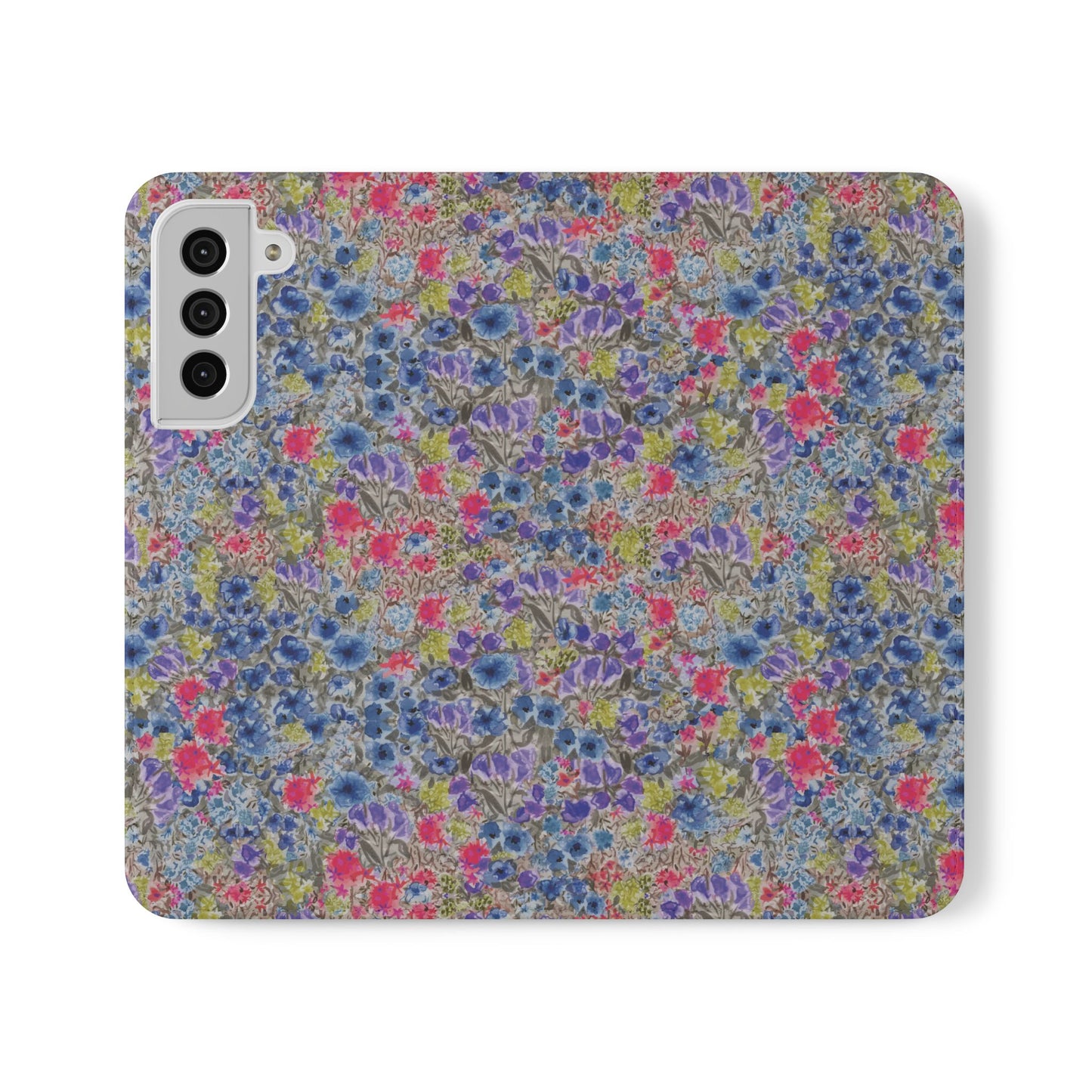 Blue watercolor wildflower wallet phone case featuring vibrant floral meadow artwork with pink and purple blossoms.