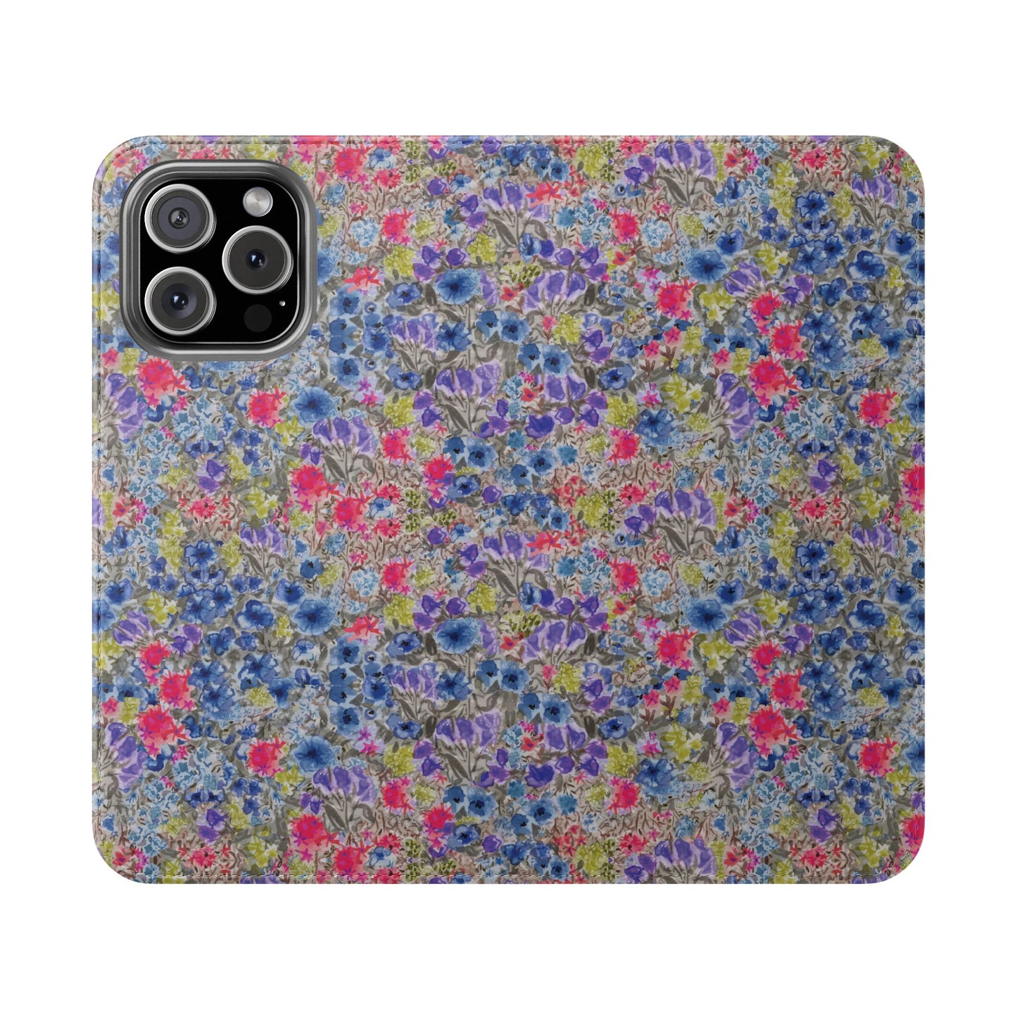 Blue watercolor wildflower wallet phone case featuring vibrant floral meadow artwork with pink and purple blossoms.
