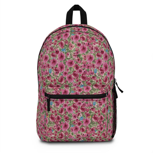 Meadow Blooms floral backpack with pink watercolor flowers on green background, lightweight everyday school bag