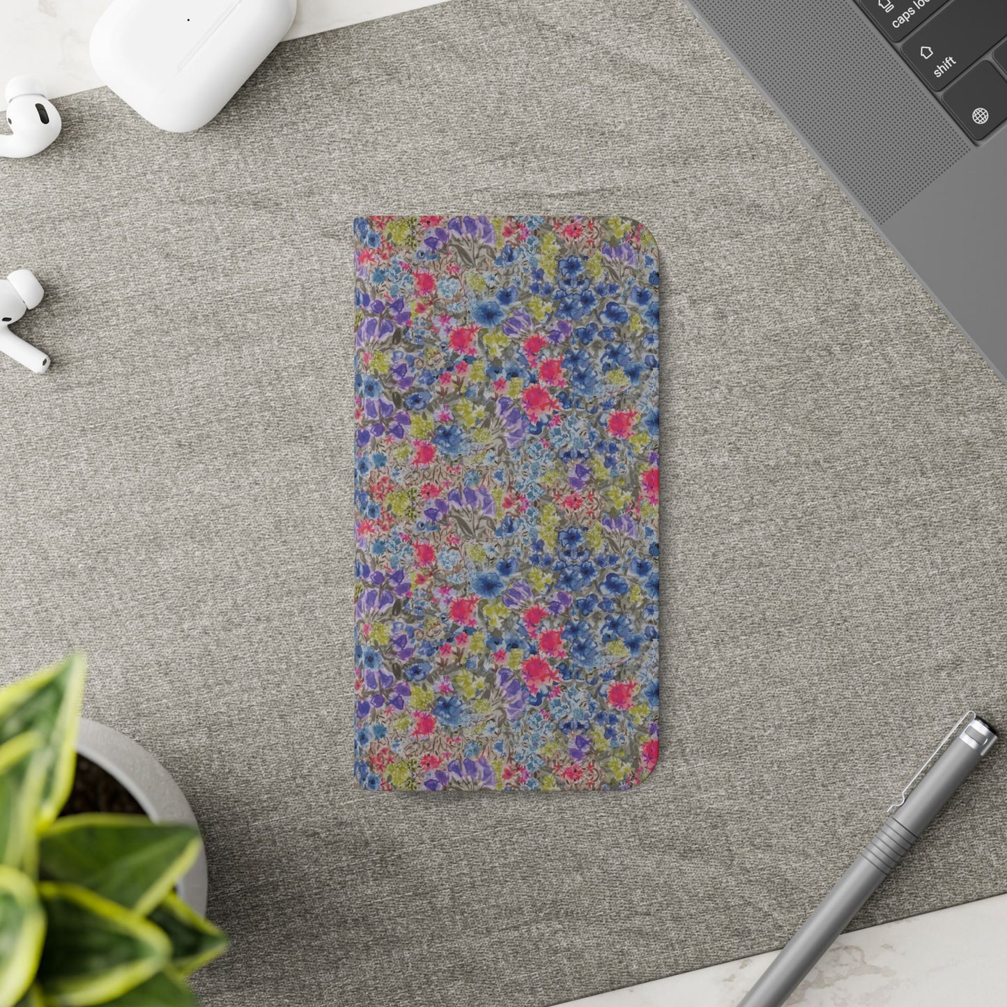 Blue wildflower floral flip phone case with watercolor botanical pattern.