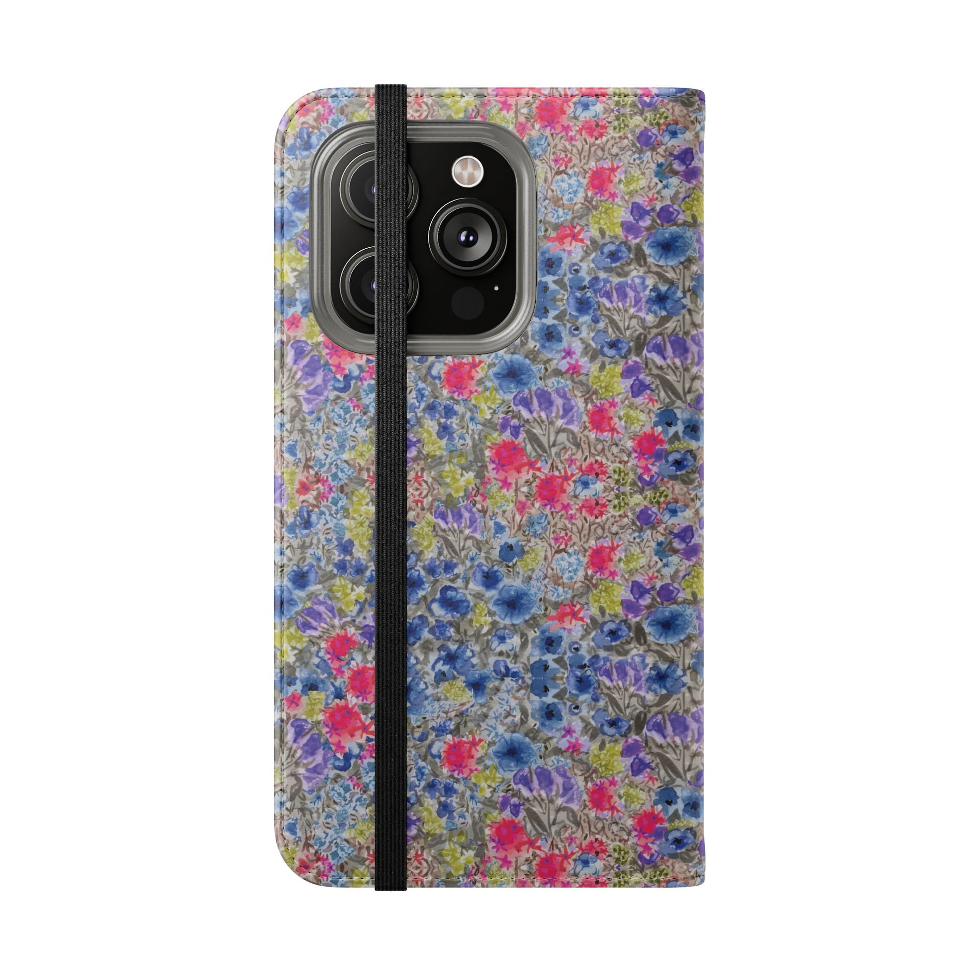 Blue wildflower floral flip phone case with watercolor botanical pattern.