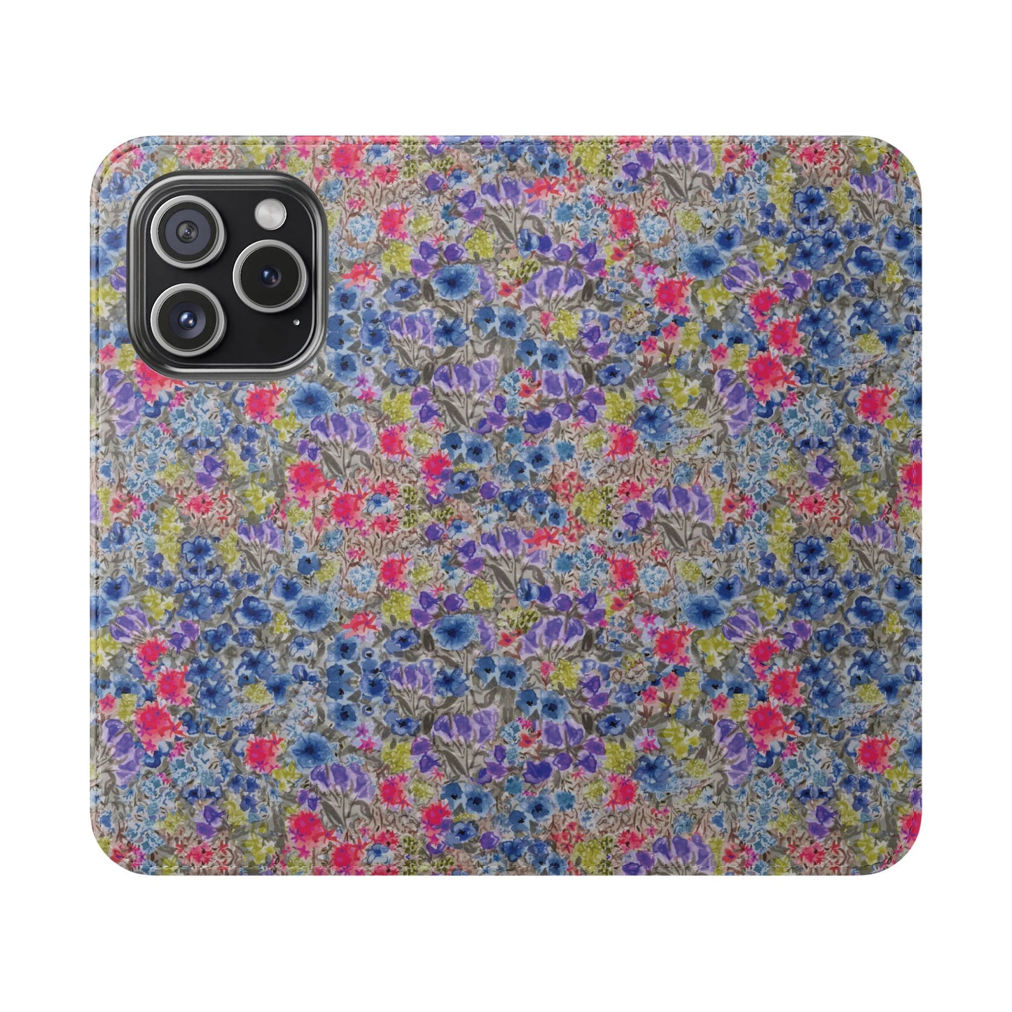 Blue watercolor wildflower wallet phone case featuring vibrant floral meadow artwork with pink and purple blossoms.