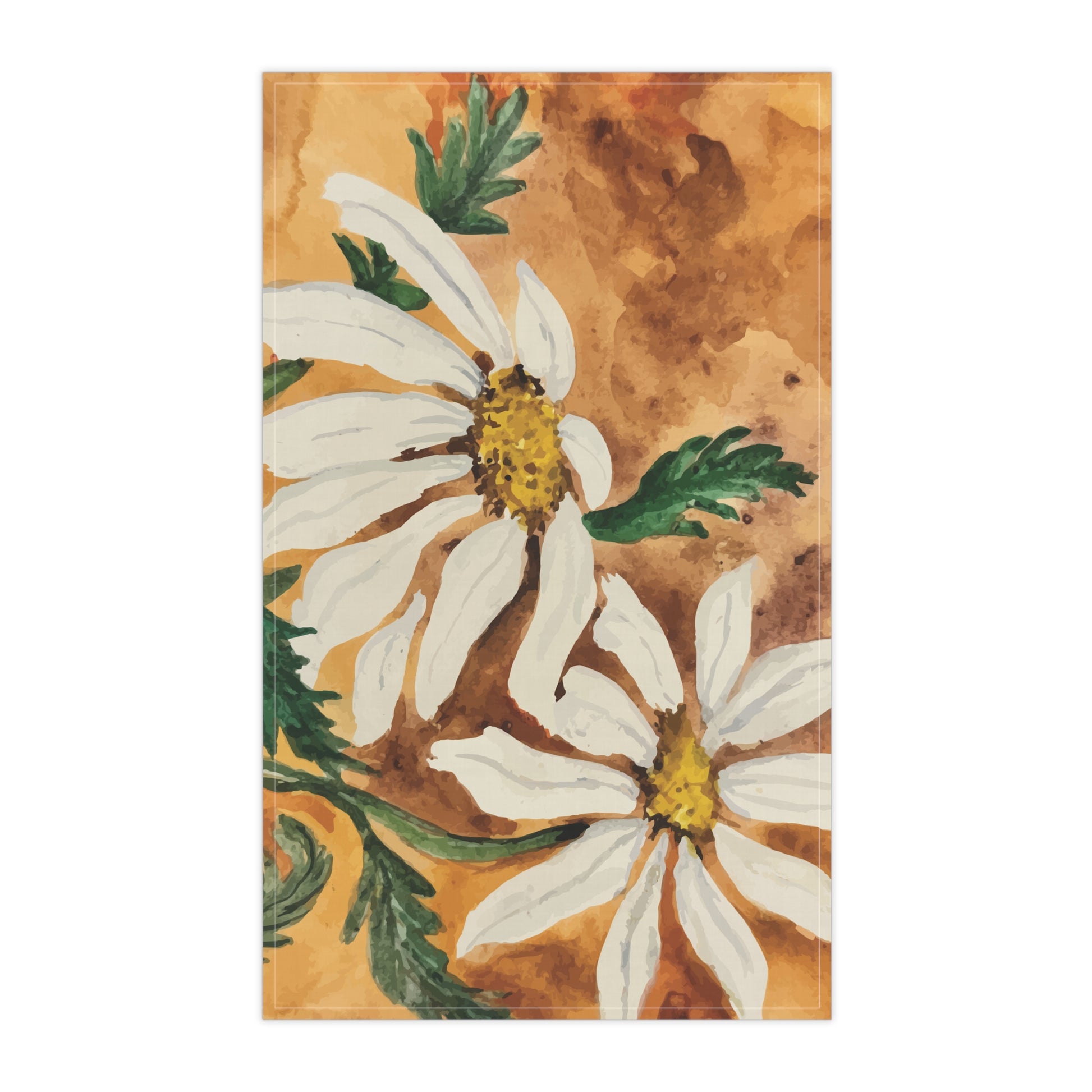 Watercolor daisy tea towel with white petals and golden centers on a warm orange background, displayed hanging in a bright kitchen.