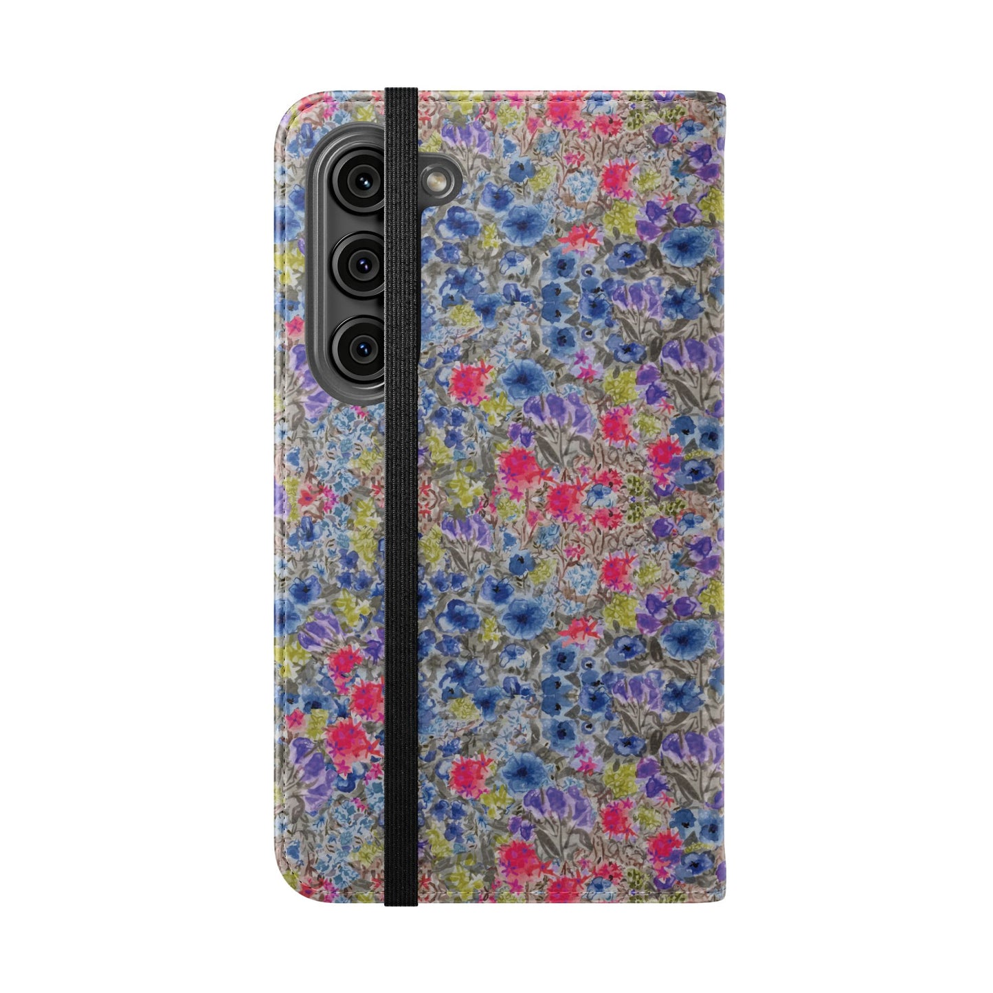 Blue wildflower floral flip phone case with watercolor botanical pattern.