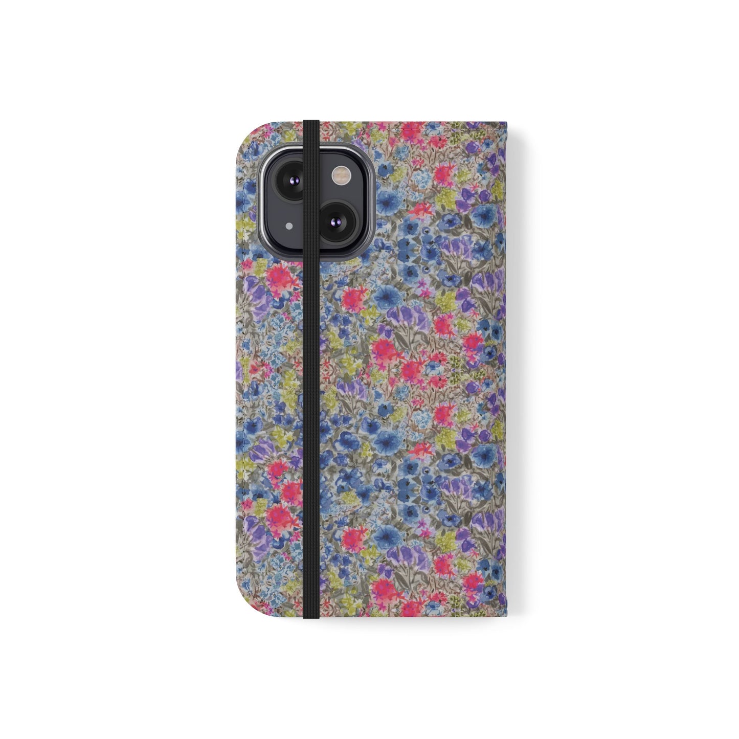 Blue wildflower floral flip phone case with watercolor botanical pattern.