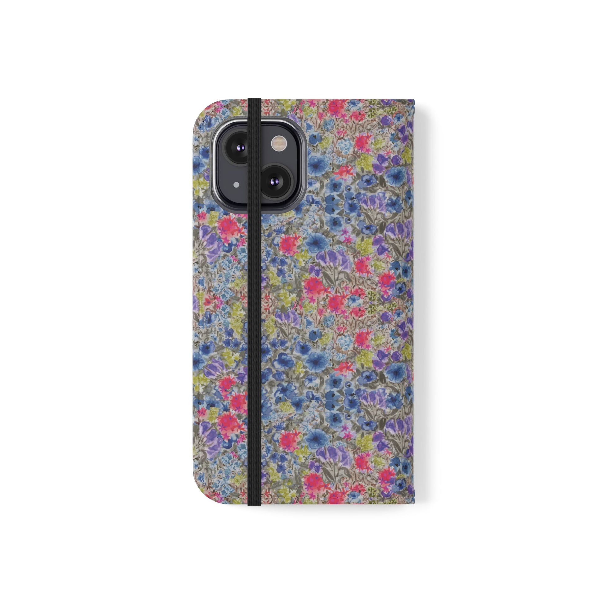 Blue wildflower floral flip phone case with watercolor botanical pattern.