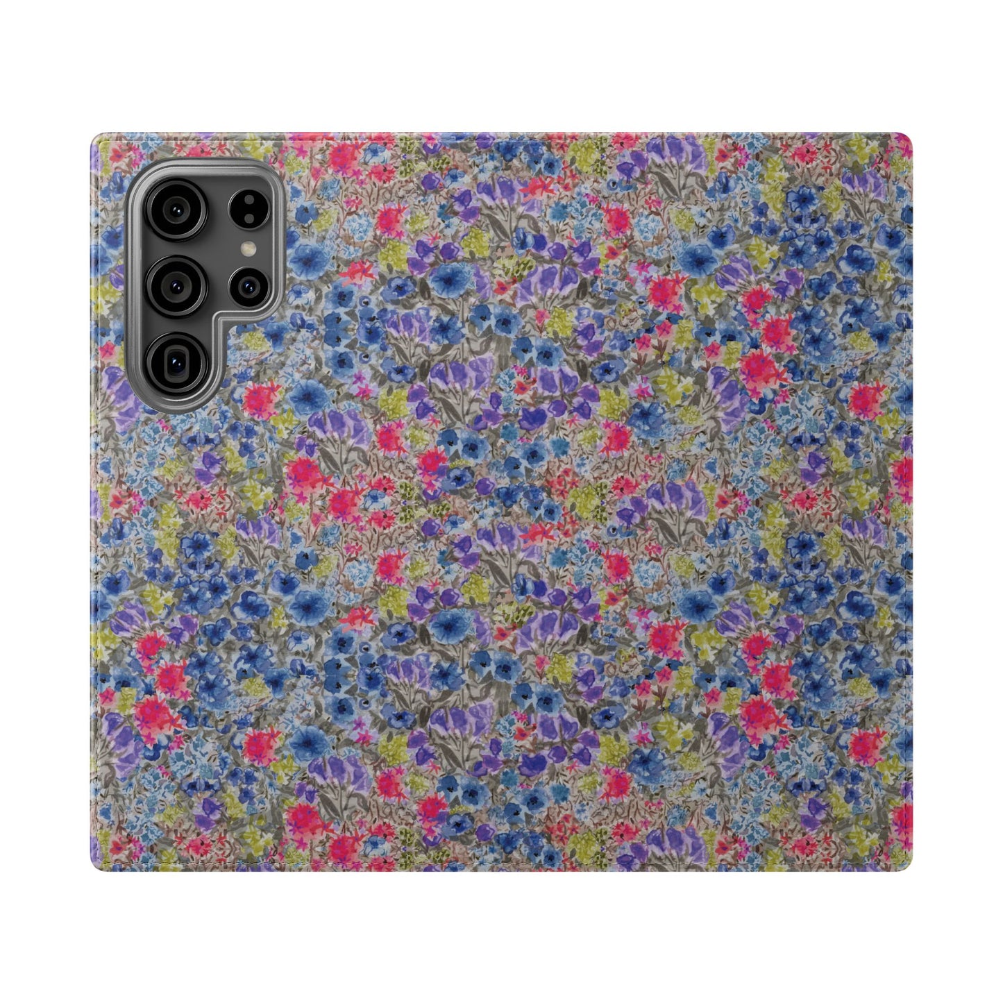 Blue watercolor wildflower wallet phone case featuring vibrant floral meadow artwork with pink and purple blossoms.