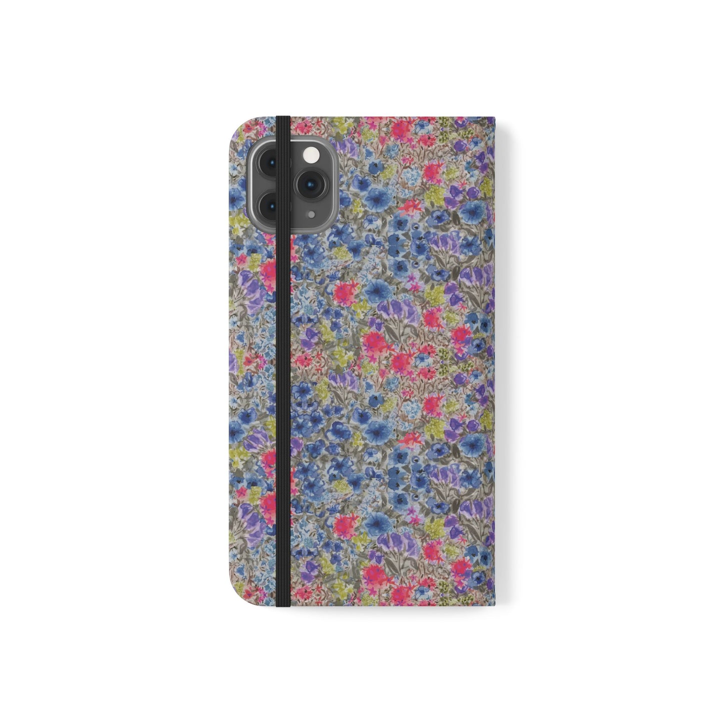 Blue wildflower floral flip phone case with watercolor botanical pattern.