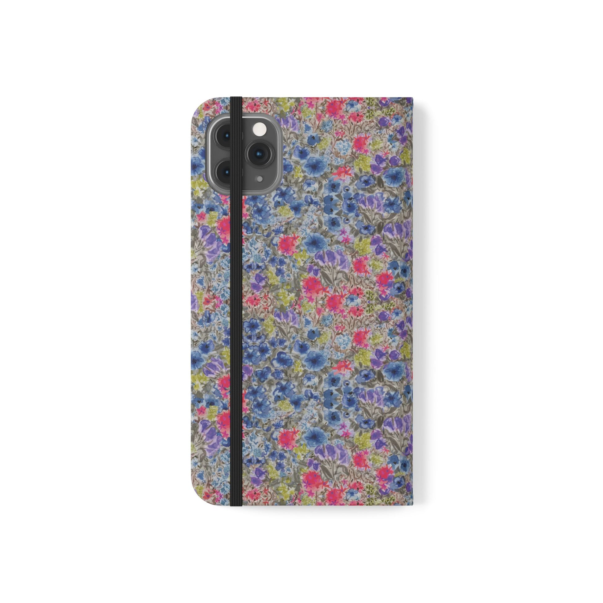 Blue wildflower floral flip phone case with watercolor botanical pattern.