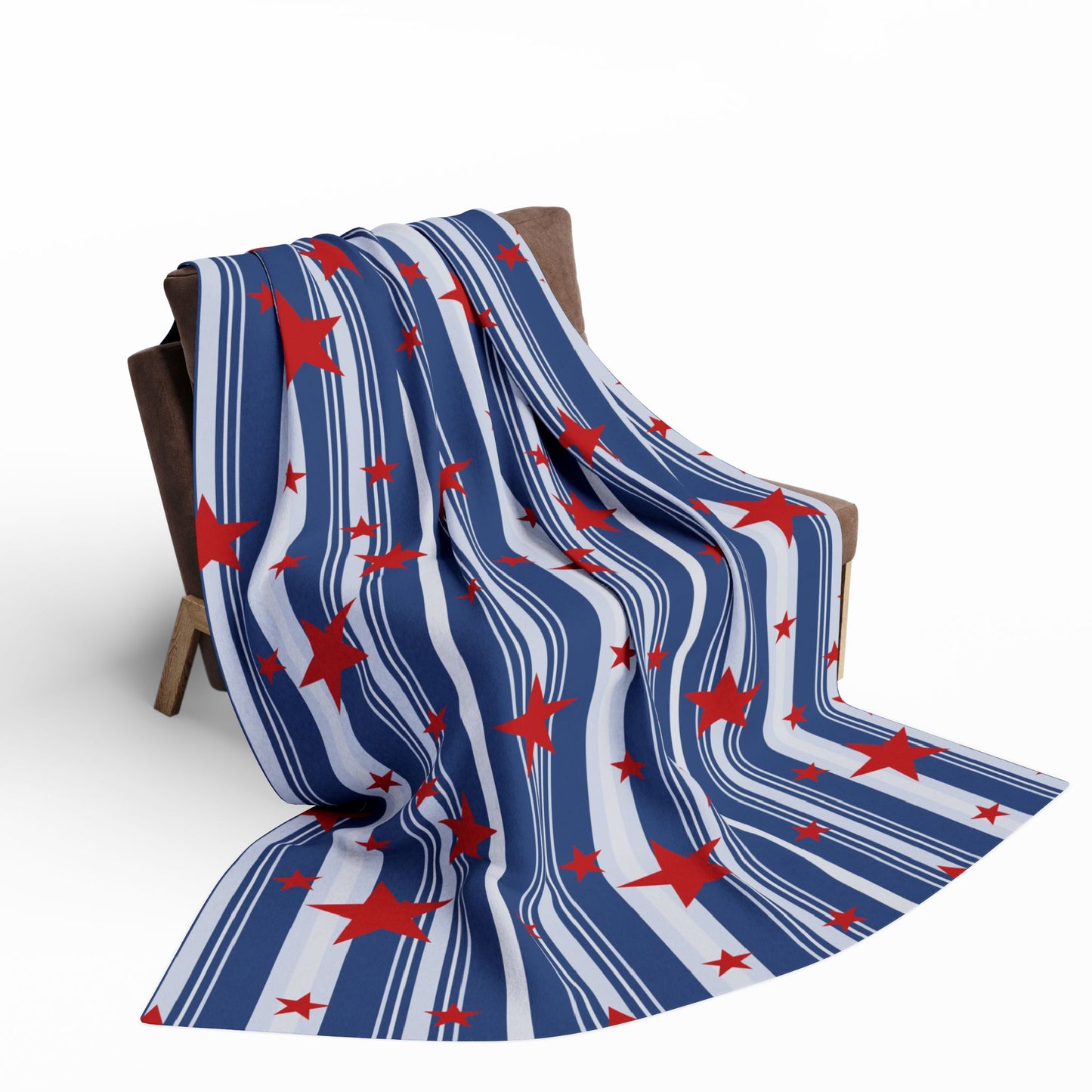 Throw blanket with pattern of red stars on blue and white striped background