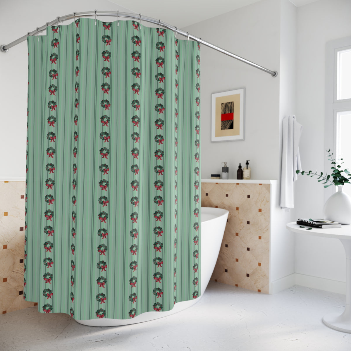Christmas Wreath & Ribbon Watercolor Shower Curtain — in a bathroom (view 2)