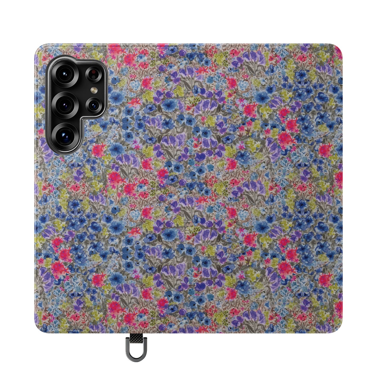 Blue watercolor wildflower wallet phone case featuring vibrant floral meadow artwork with pink and purple blossoms.