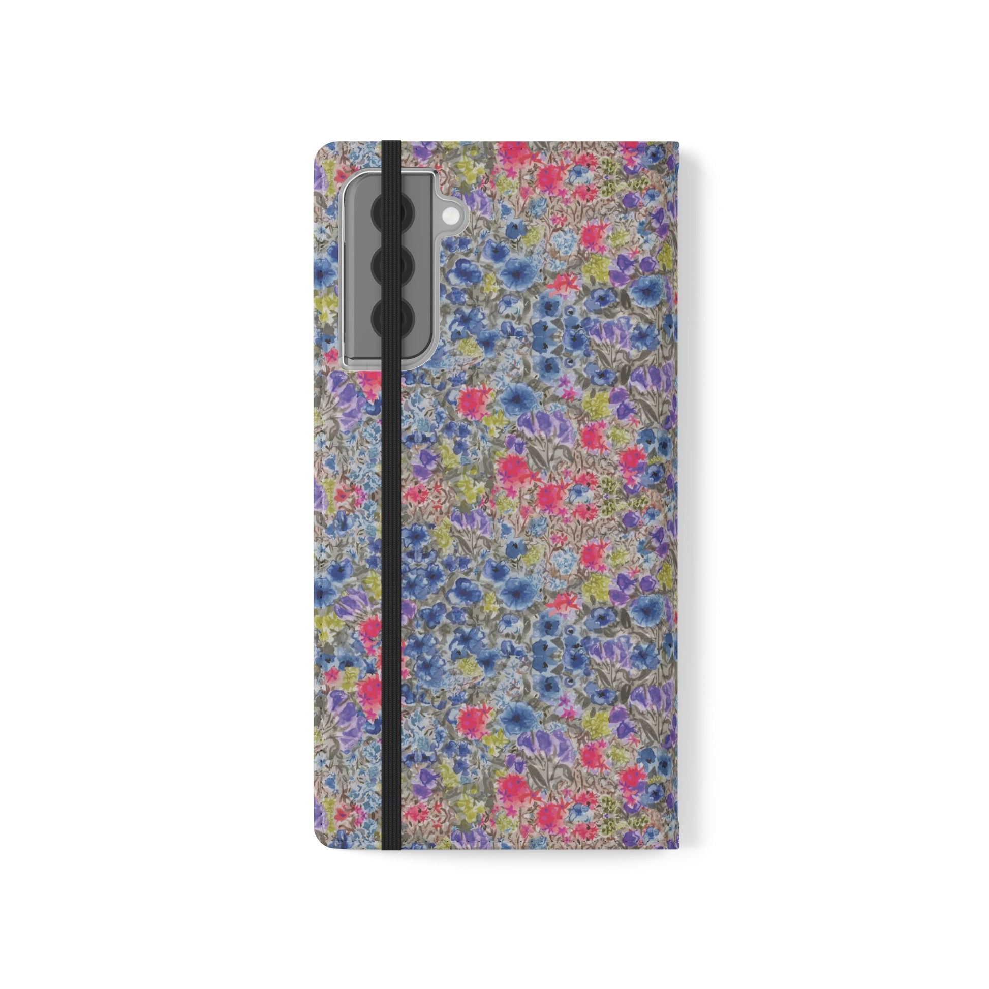 Blue wildflower floral flip phone case with watercolor botanical pattern.