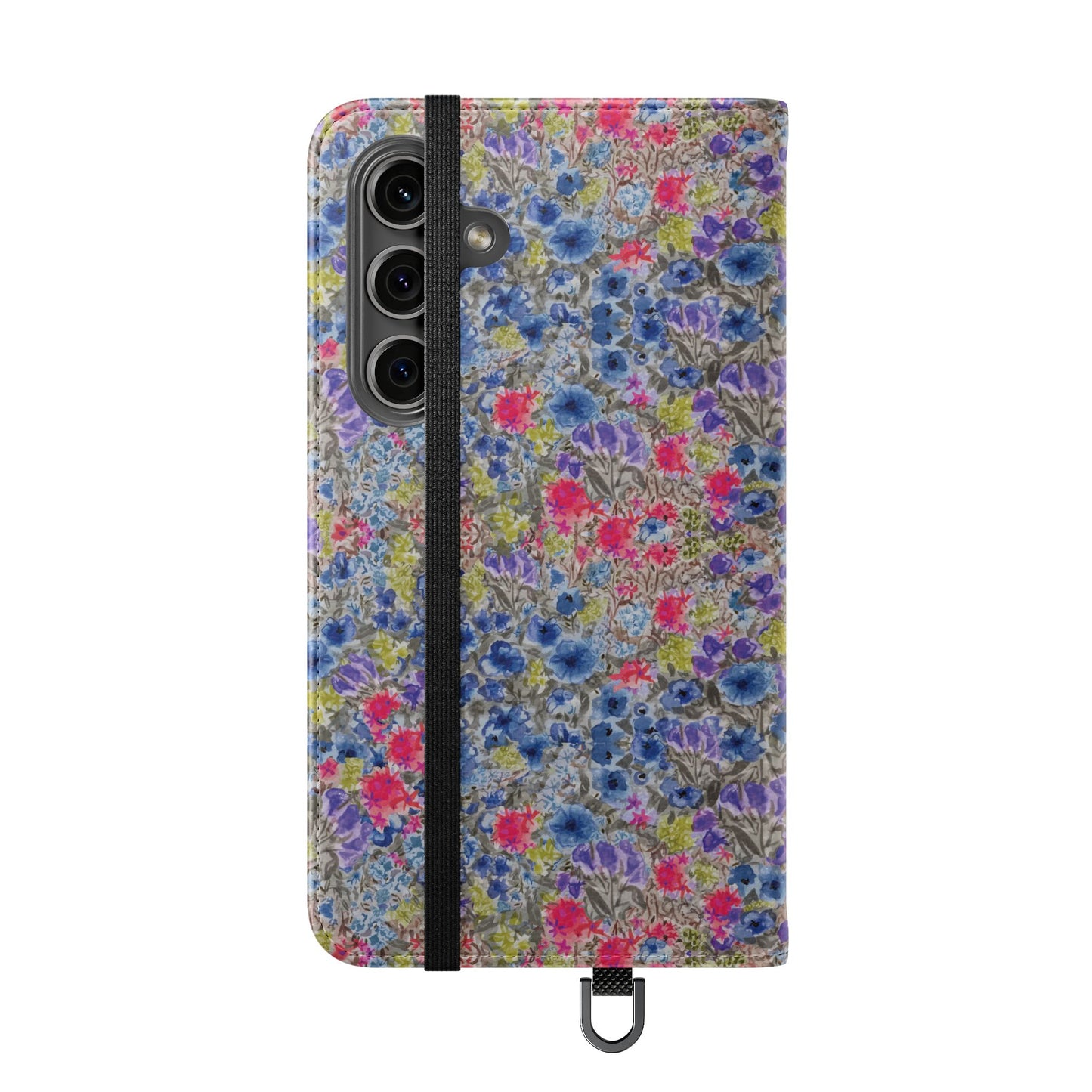 Blue wildflower floral flip phone case with watercolor botanical pattern.