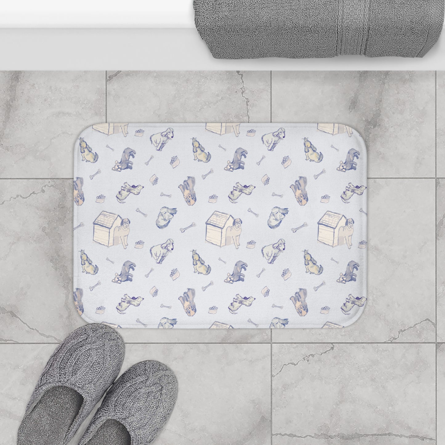 Blue Fur Friends Memory Foam Bath Matt for Dog Lover,  Watercolor Dachshund Pattern Bath Mat, Dogs, Bones, Dog House