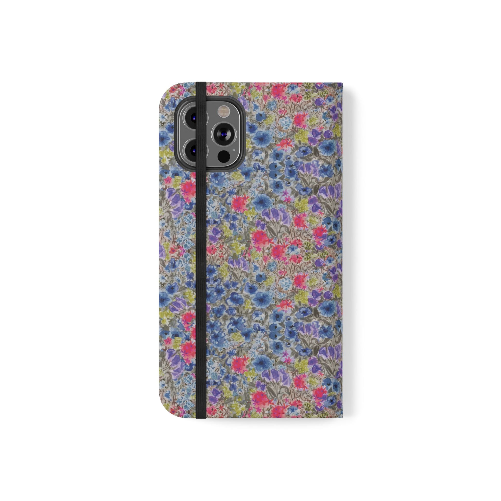 Blue wildflower floral flip phone case with watercolor botanical pattern.