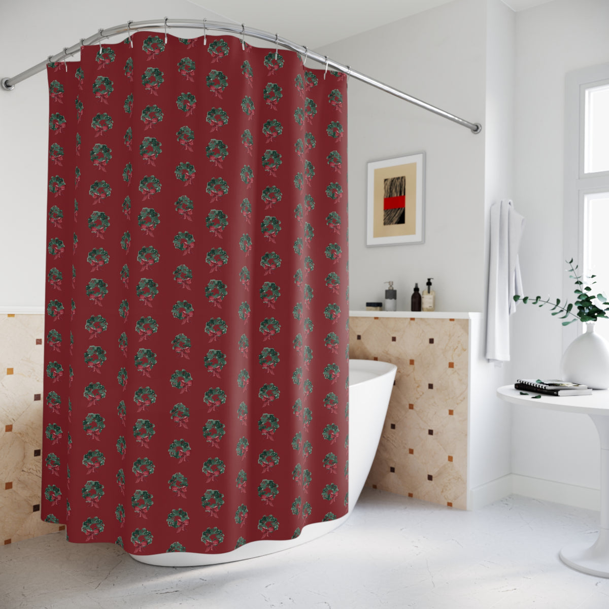 Evergreen Wreath Christmas Shower Curtain – Red — in a bathroom (view 2)