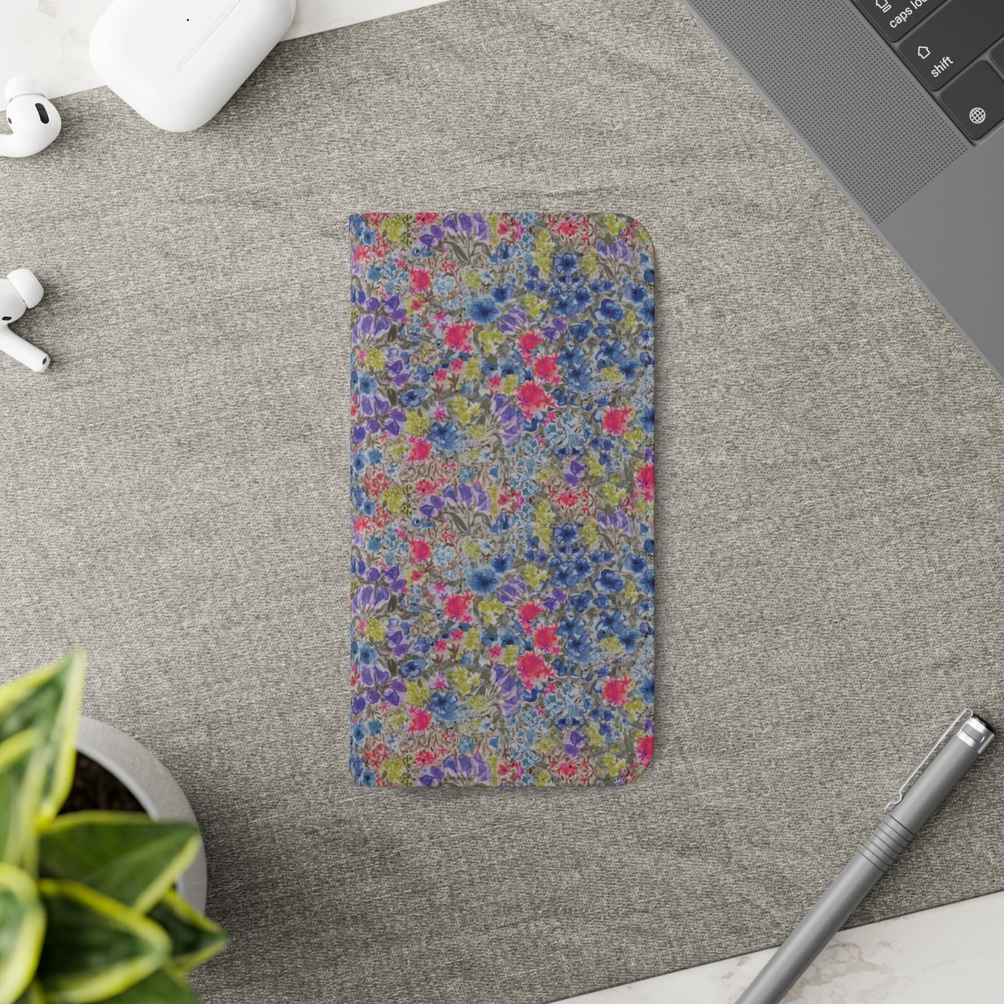 Blue wildflower floral flip phone case with watercolor botanical pattern.