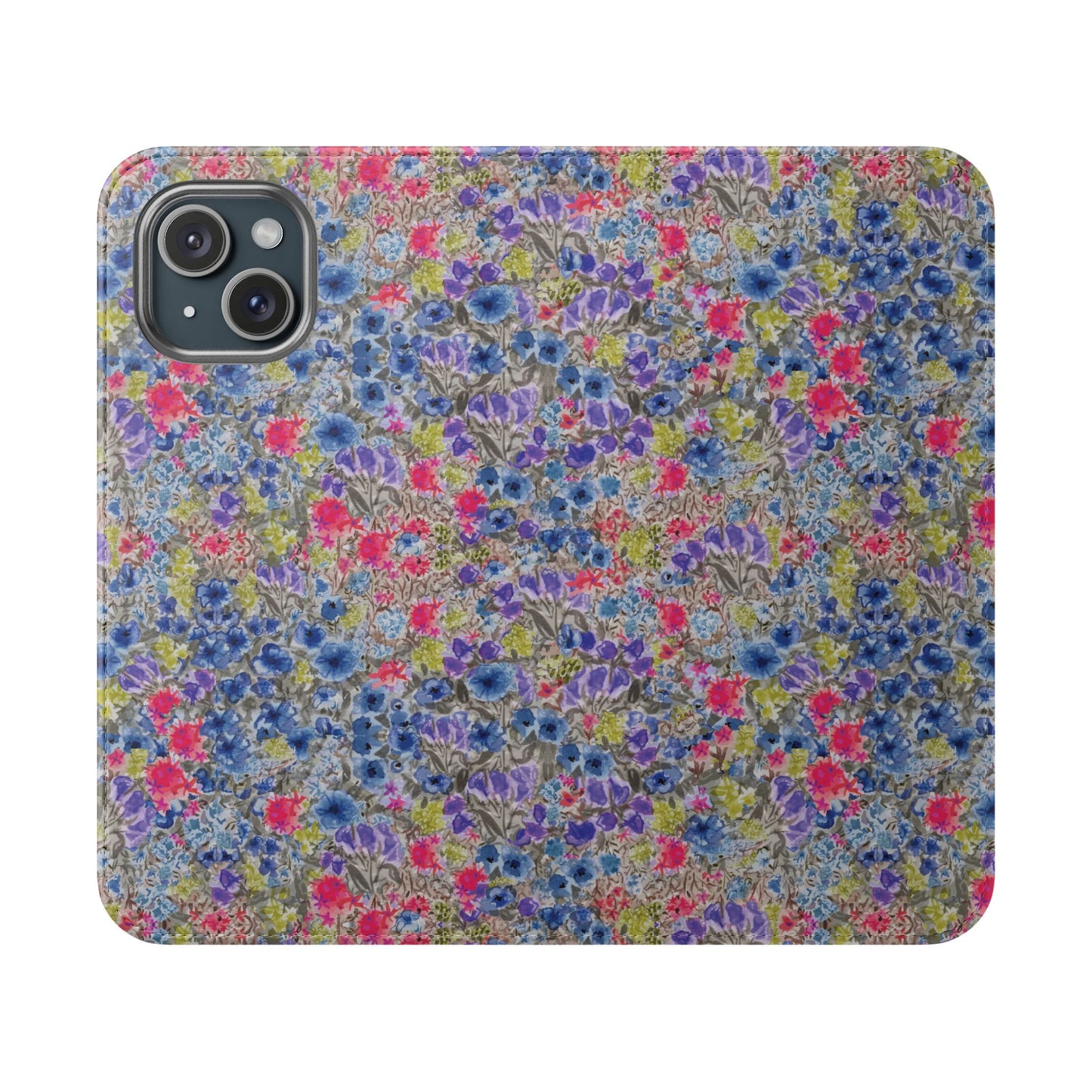 Blue watercolor wildflower wallet phone case featuring vibrant floral meadow artwork with pink and purple blossoms.