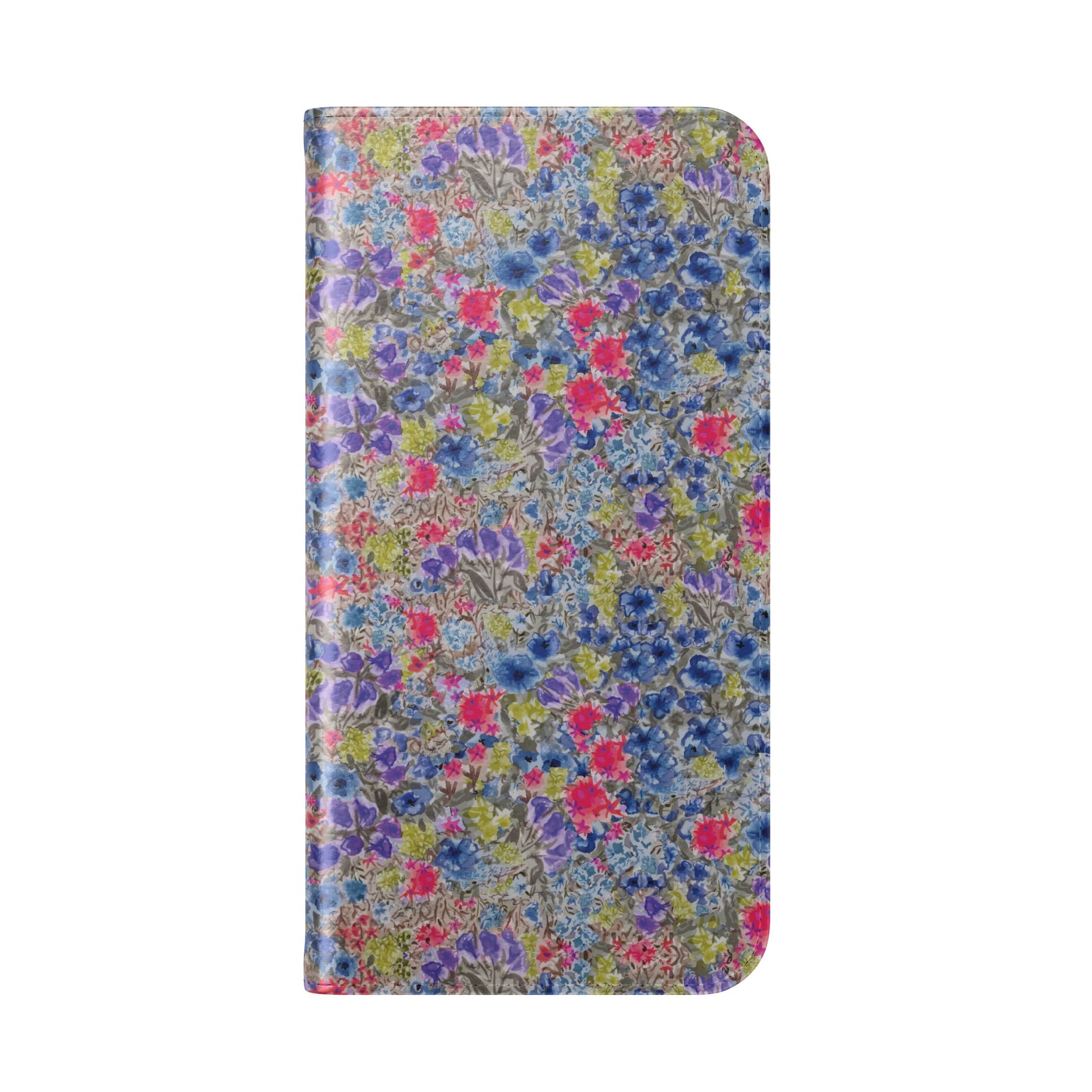 Blue wildflower floral flip phone case with watercolor botanical pattern.