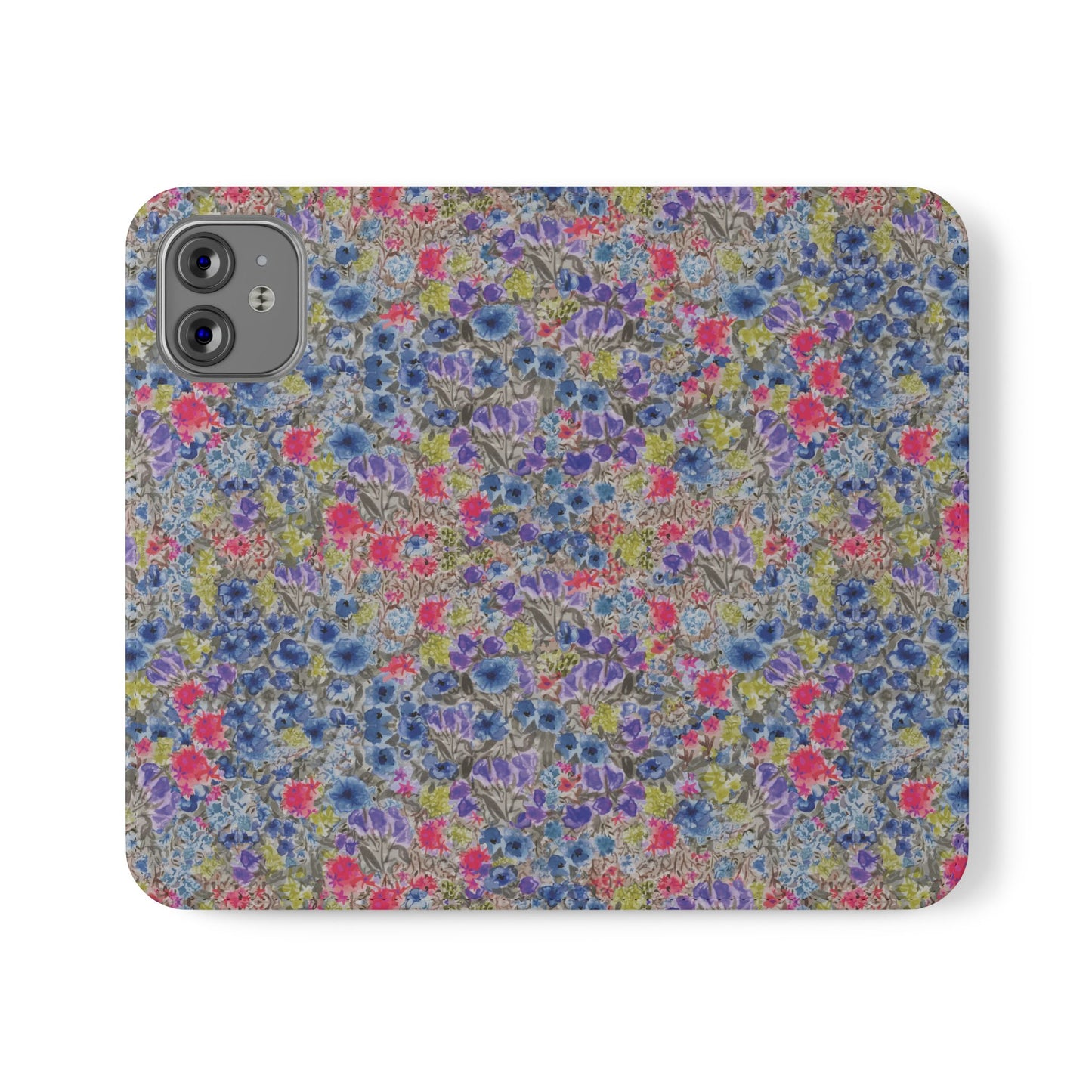 Blue watercolor wildflower wallet phone case featuring vibrant floral meadow artwork with pink and purple blossoms.