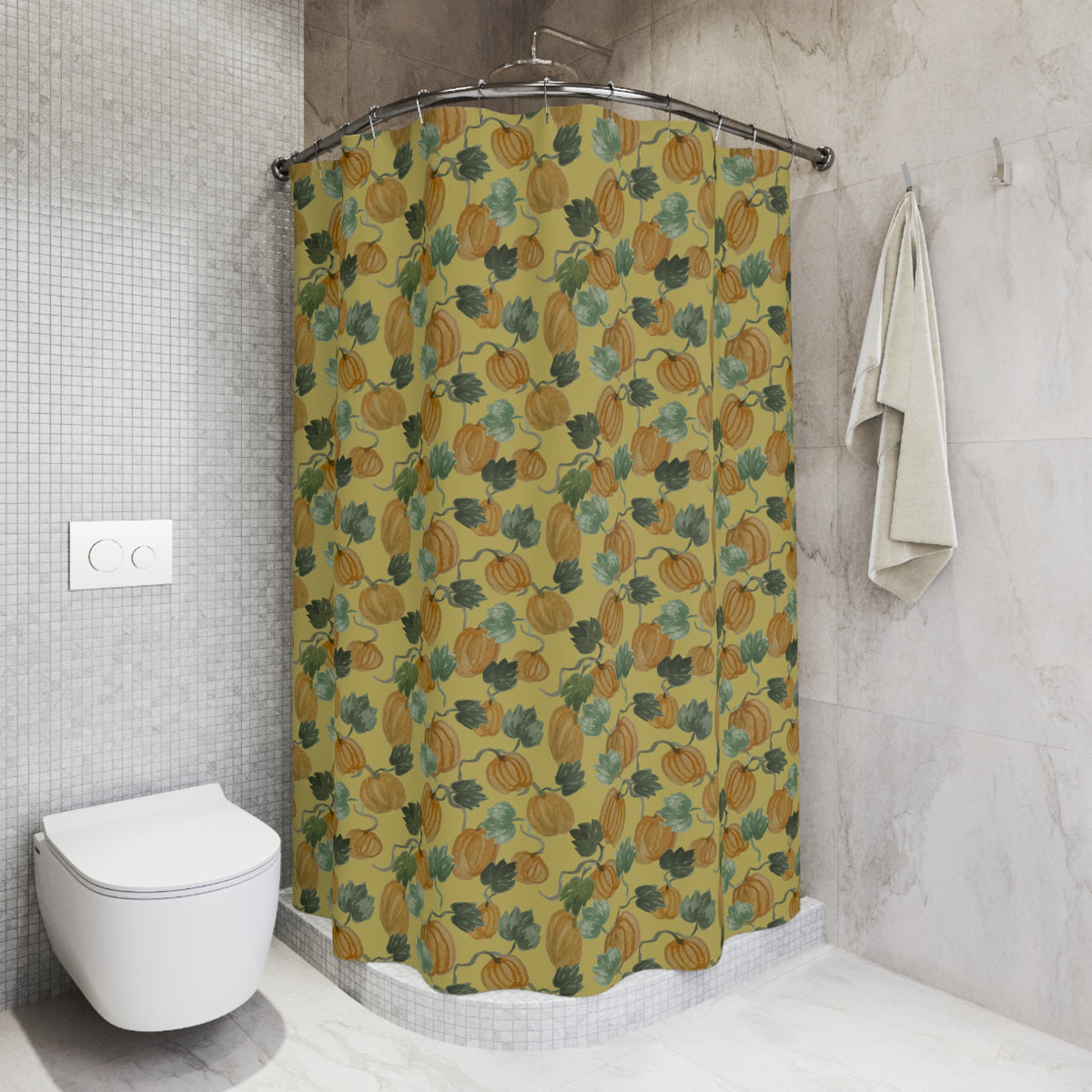 Autumn Pumpkin Vine Watercolor Shower Curtain – Ocher — in a bathroom (view 3)