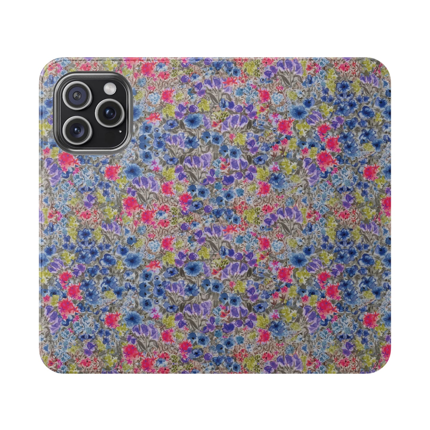 Blue watercolor wildflower wallet phone case featuring vibrant floral meadow artwork with pink and purple blossoms.