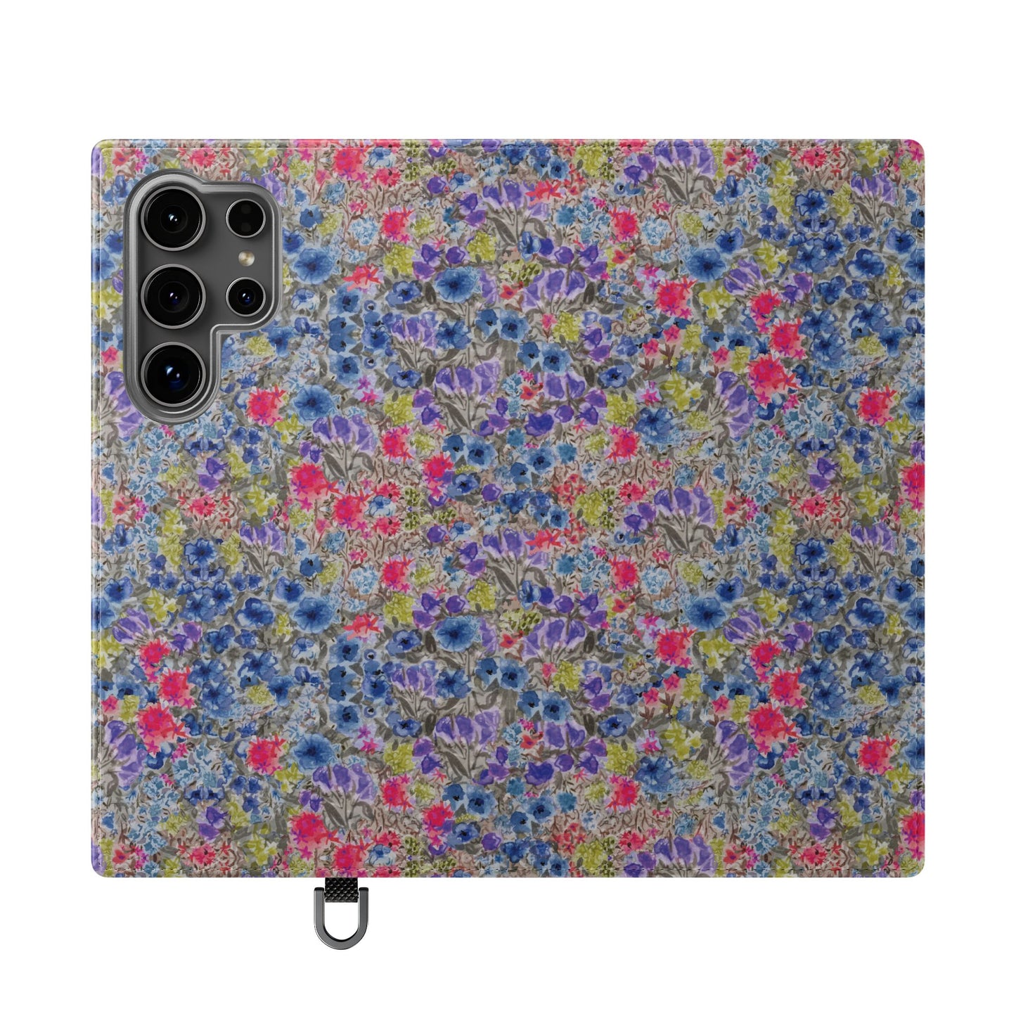 Blue watercolor wildflower wallet phone case featuring vibrant floral meadow artwork with pink and purple blossoms.