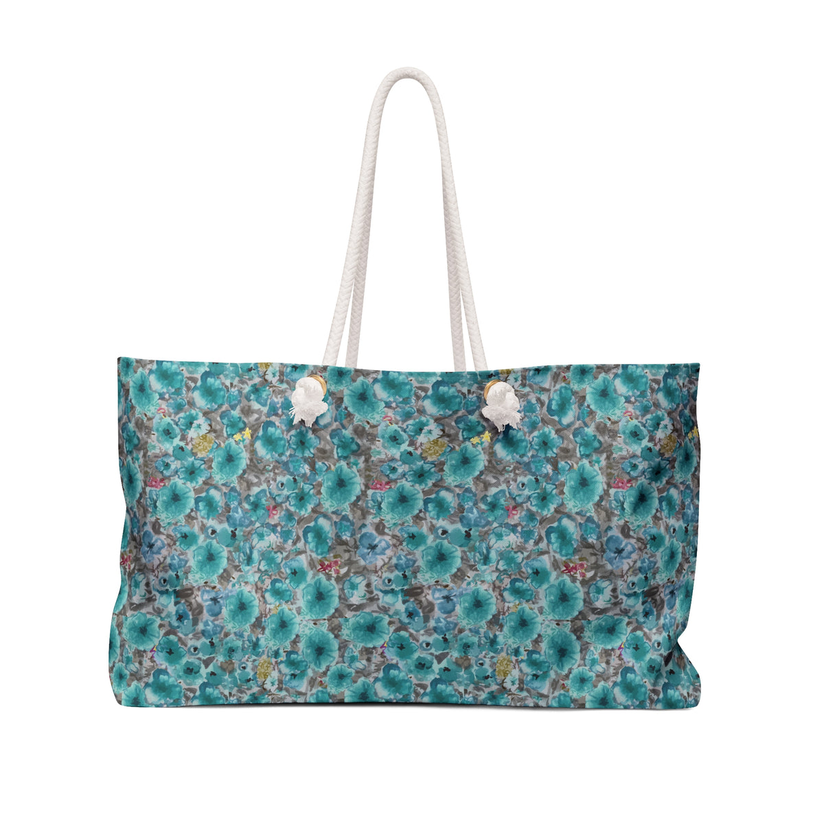 Weekender tote with turquoise watercolor florals, cream rope handles and gold grommets