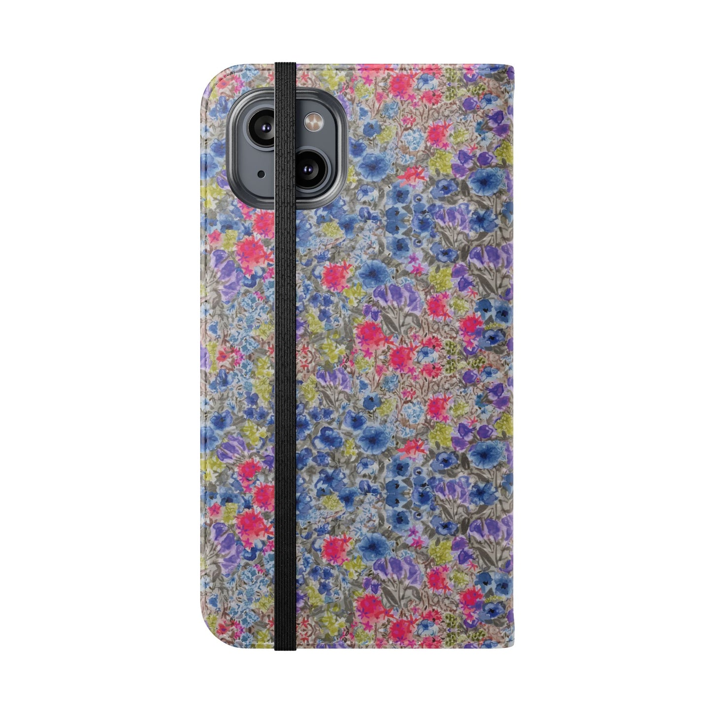 Blue wildflower floral flip phone case with watercolor botanical pattern.