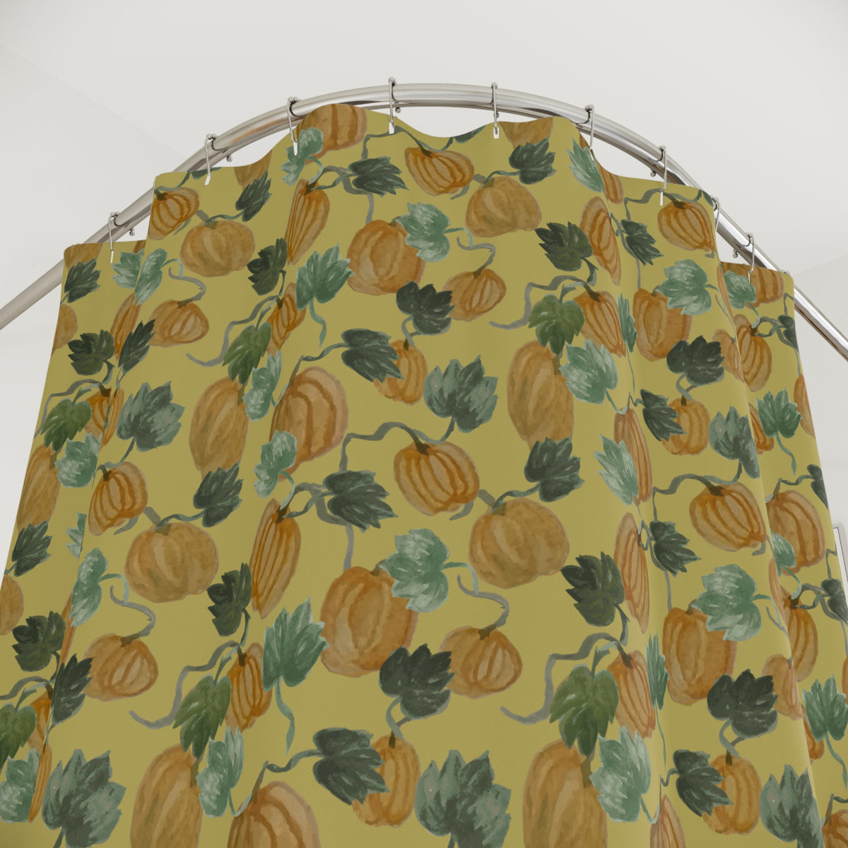 Autumn Pumpkin Vine Watercolor Shower Curtain – Ocher — hanging, full view