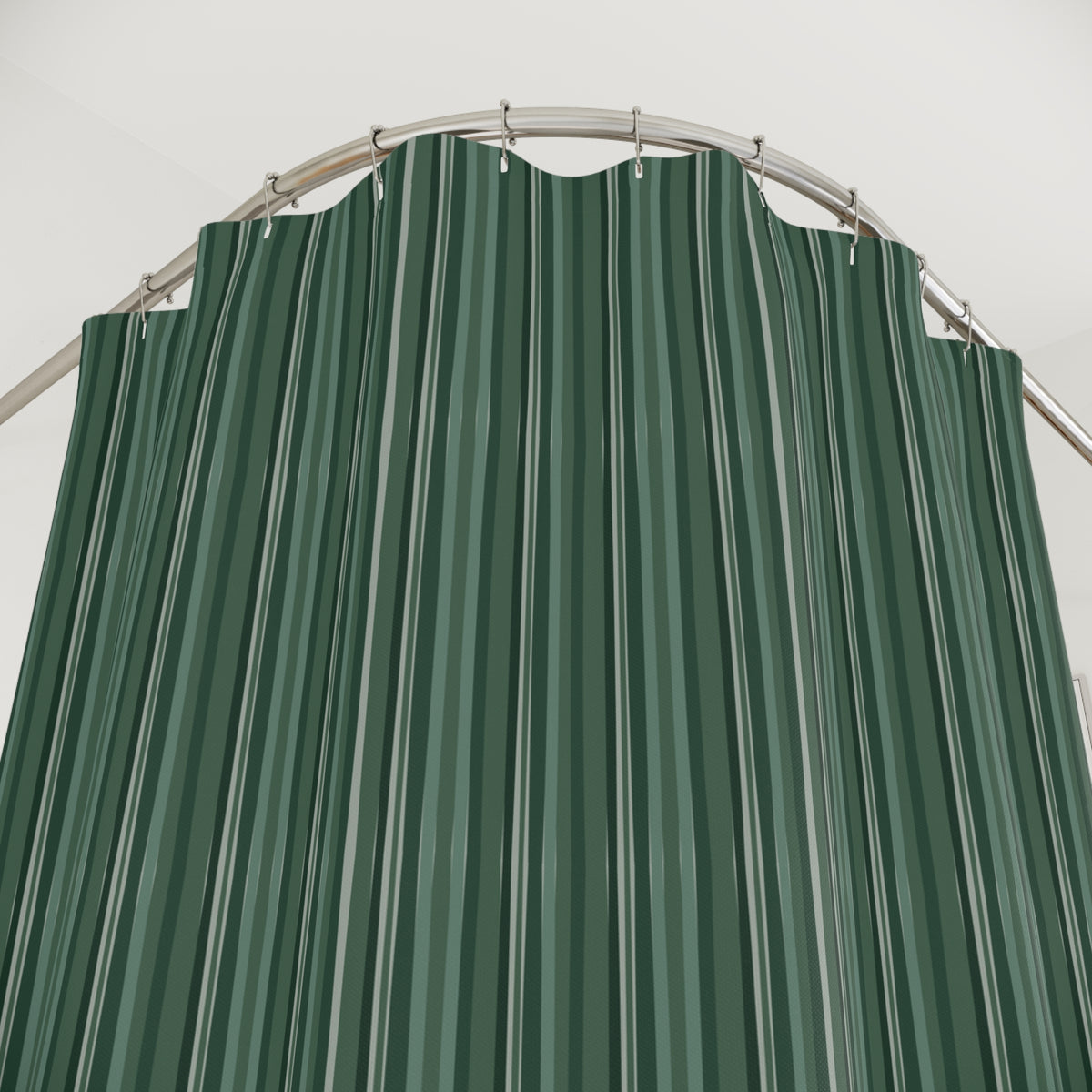 Green Stripe Shower Curtain — hanging, full view