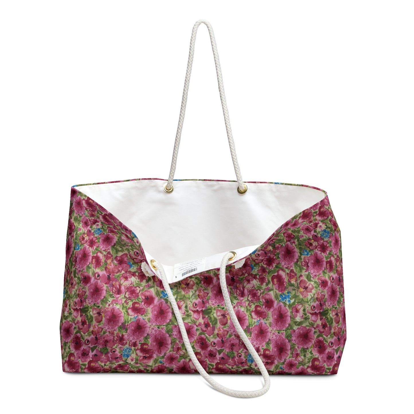 Pink watercolor poppy floral weekender tote bag featuring a dense meadow pattern of magenta and rose poppies with green foliage and rope handles.