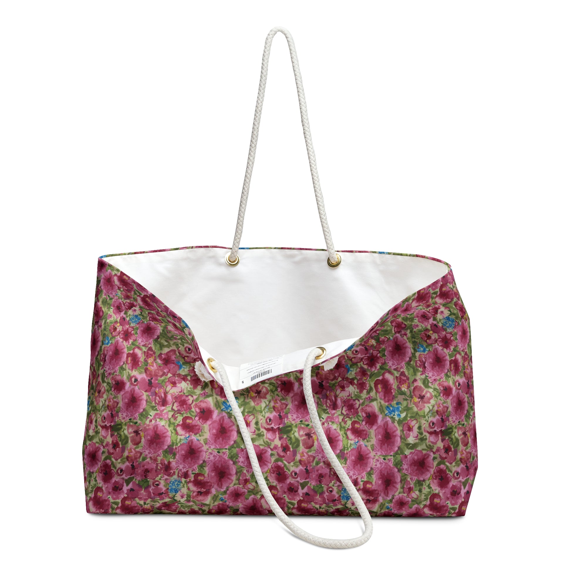 Pink watercolor poppy floral weekender tote bag featuring a dense meadow pattern of magenta and rose poppies with green foliage and rope handles.
