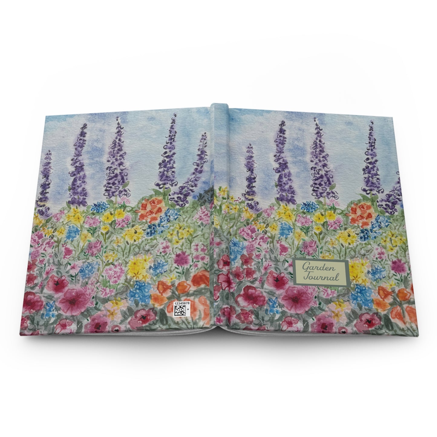 Watercolor garden journal with wildflower meadow and purple lupine flowers on soft blue background