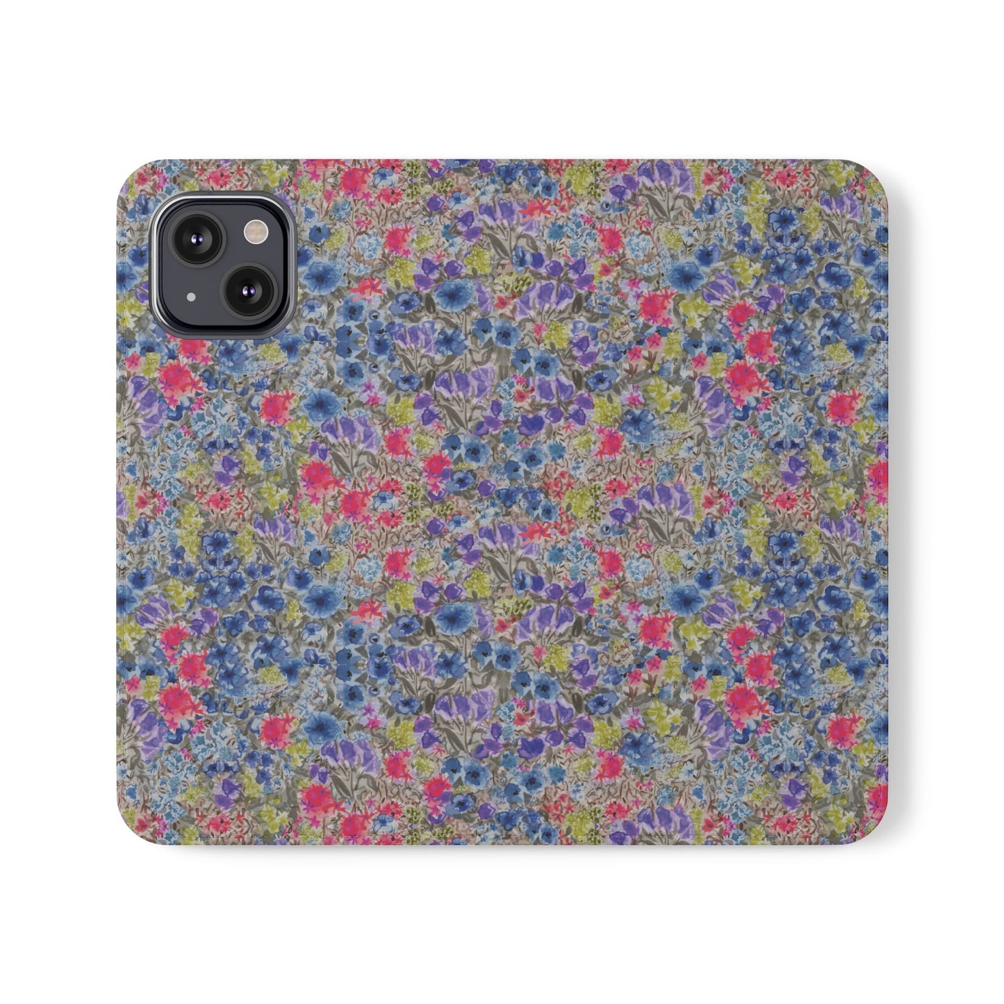 Blue watercolor wildflower wallet phone case featuring vibrant floral meadow artwork with pink and purple blossoms.